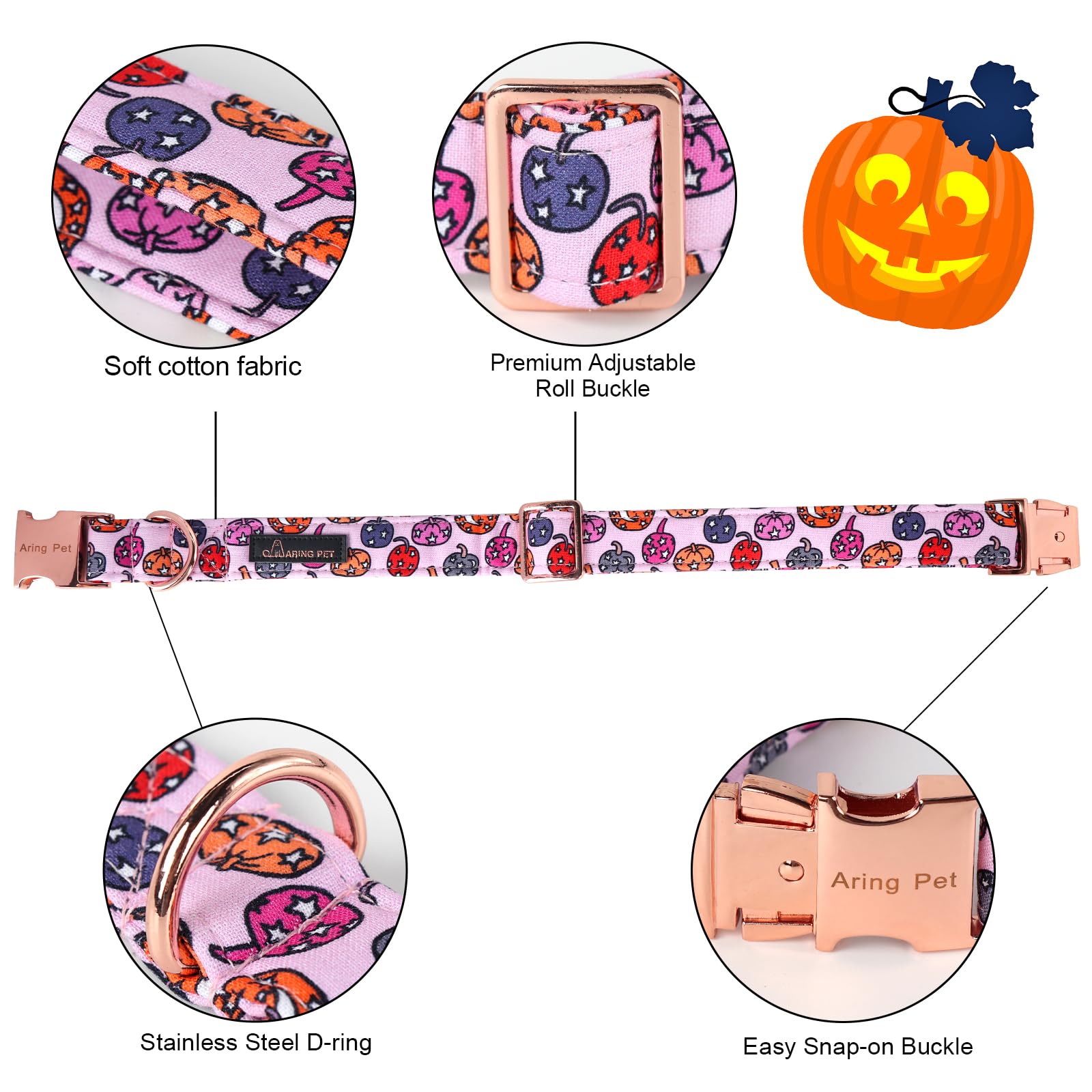 Aring Pet Halloween Dog Collar-Cute Pink Pumpkin Dog Collar With Bow, Cotton Halloween Pumpkin Lamp Dog Collar Bowtie With Metal Buckle