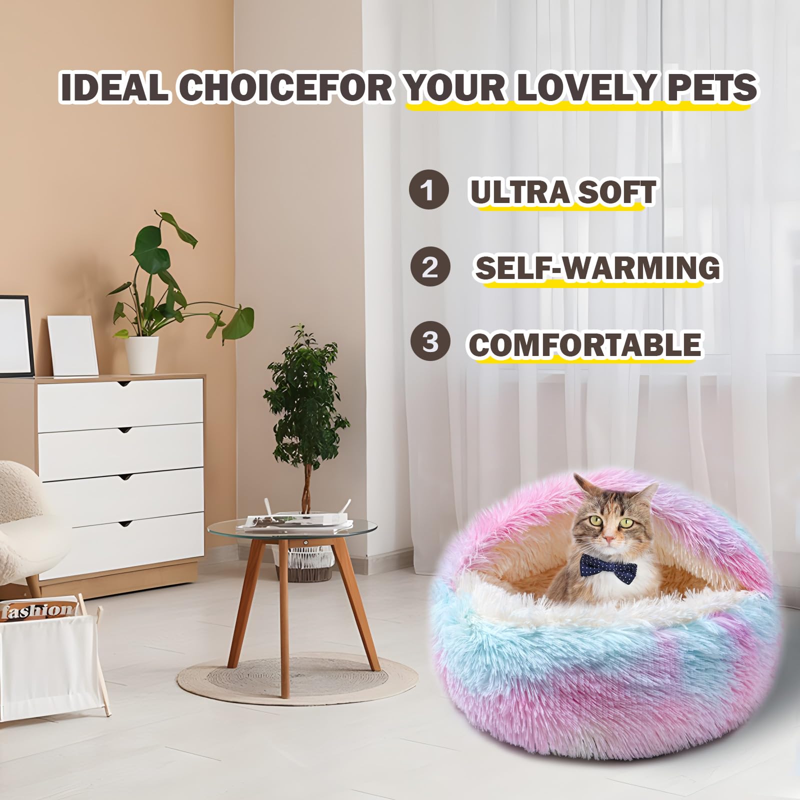 Cat Bed For Indoor Cats, Calming Cozy Cave With Self-Warming Plush, Entire Bed Machine Washable & Anti-Slip Base, Breathable Pet