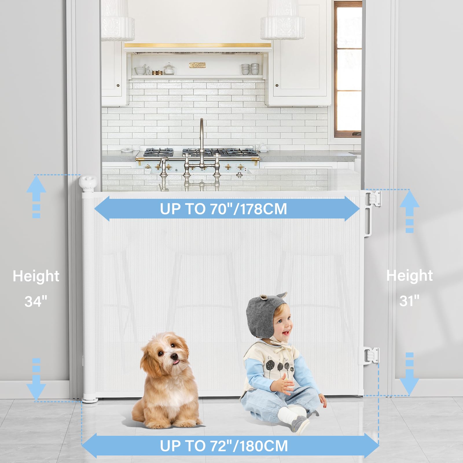 Retractable Baby Gates for Stairs, PRObebi Retractable Dog Gate Indoor Extends to 72'' Wide 34'' Tall, Child Gates for Doorways,