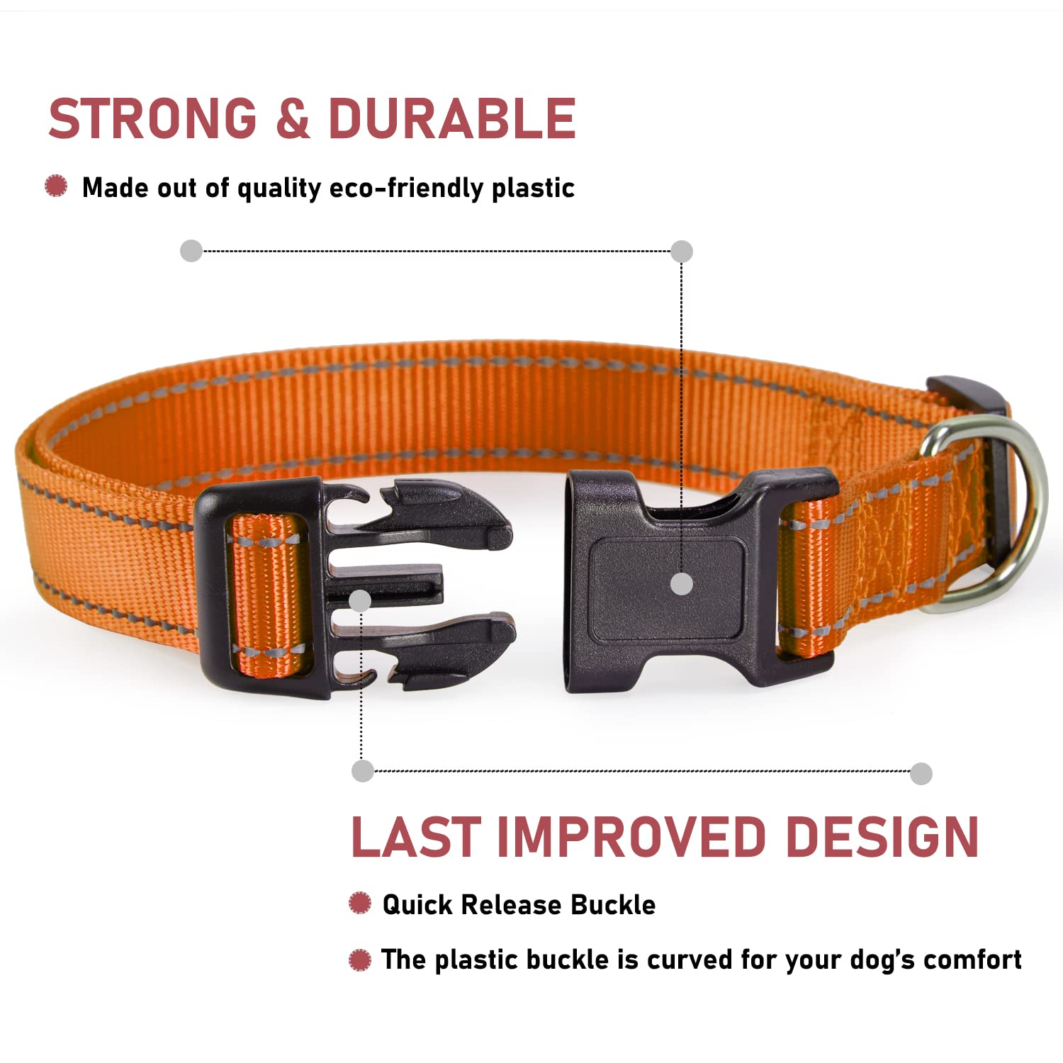 Reflective Dog Collar With Buckle Adjustable Safety Nylon Collars For Small Medium Large Dogs, Orange L