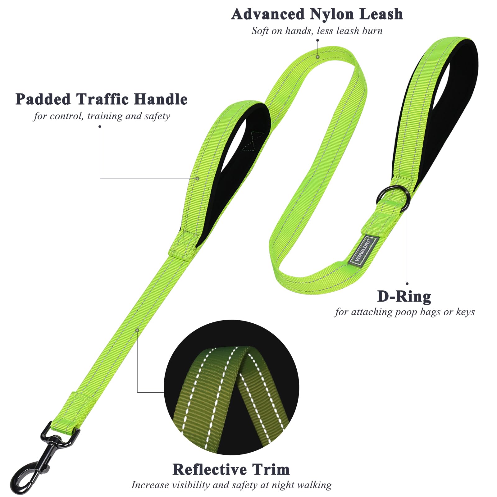 Vivaglory Traffic Handle Dog Leashes, Two Padded Soft Handles Strong Dog Leash, Reflective & Metal Hook Training Dog Lead, Brigh