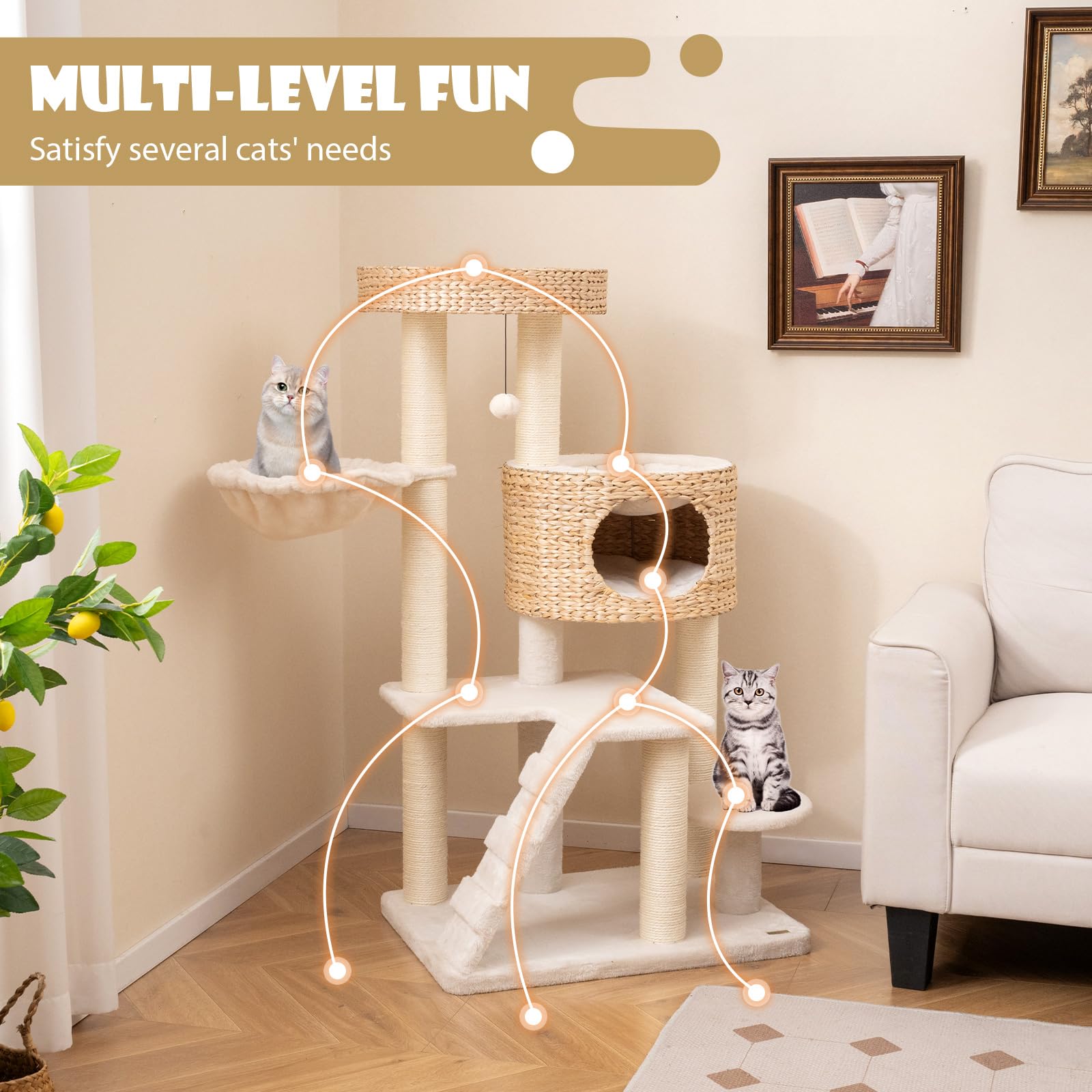 Tangkula Modern Cat Tree, 50 Inch Multi-Level Cat Tower With Cattail Fluff Condo & Top Perch, Hanging Basket, Platforms, Ladder,