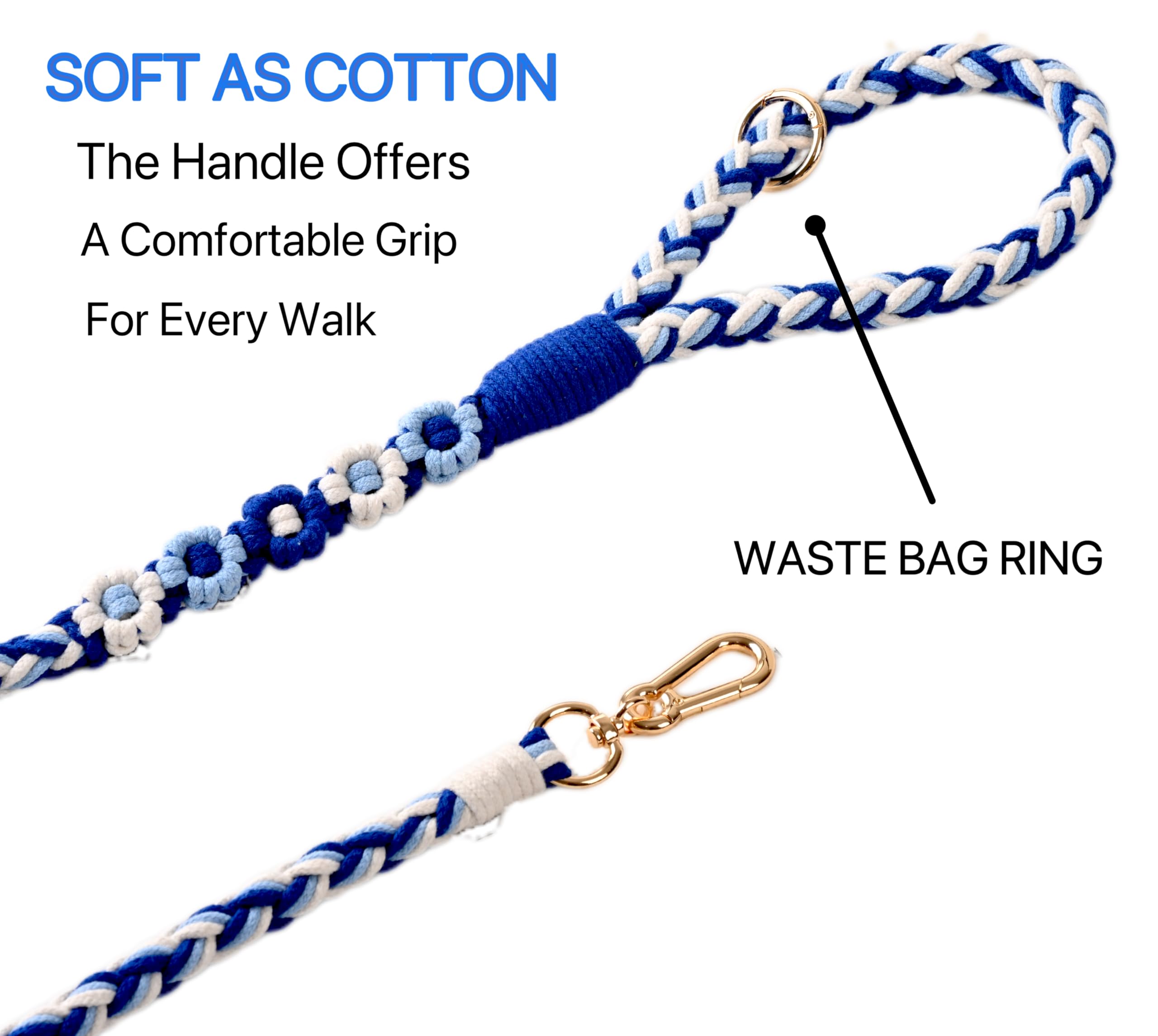 Handmade 5Ft Braided Cotton Dog Leash With Unique Floral Handle, Durable And Stylish, Ideal For Small To Large Dogs,Sea Wave