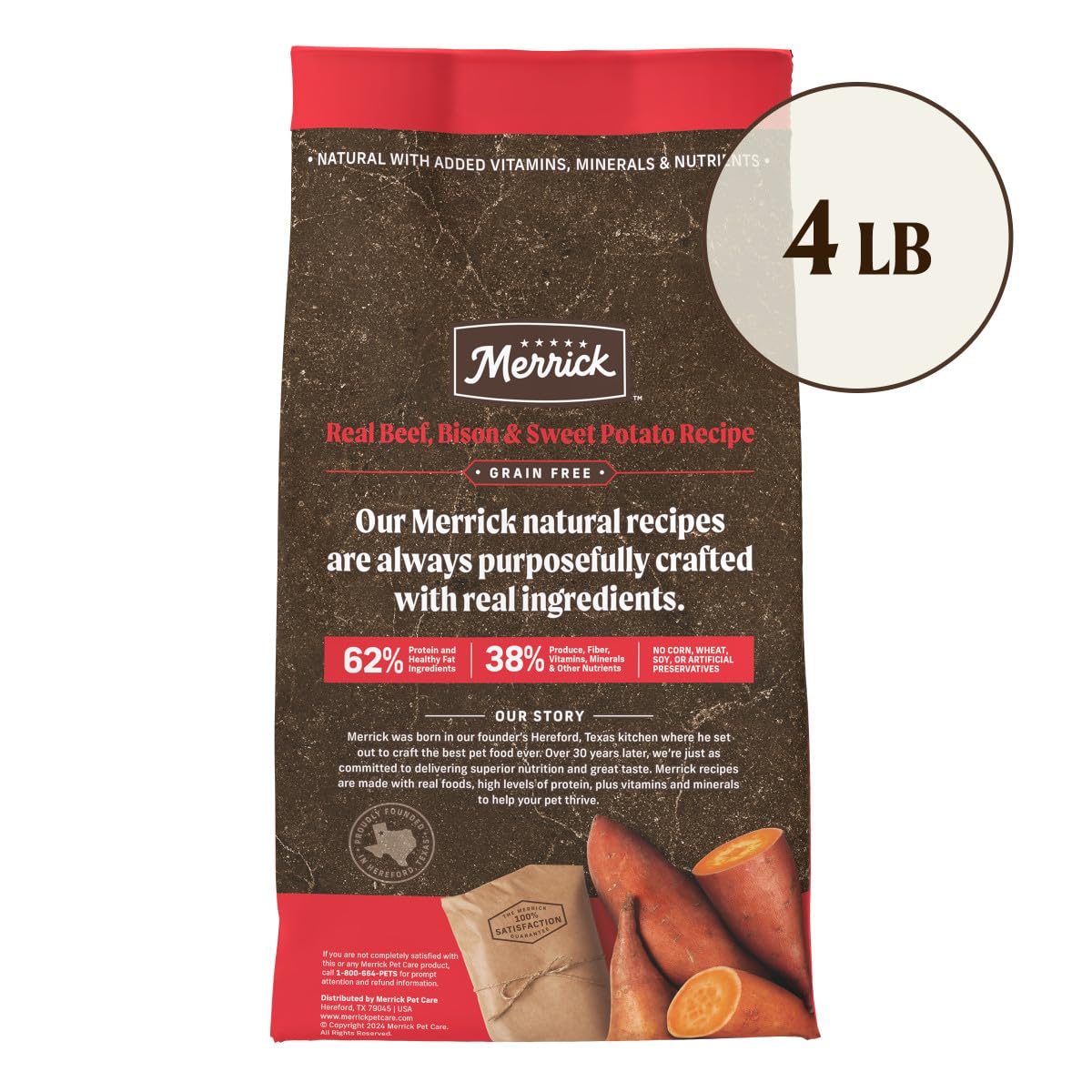 Merrick Premium Grain Free Dry Adult Dog Food, Wholesome And Natural Kibble With Beef, Bison And Sweet Potato - 4.0 lb. Bag