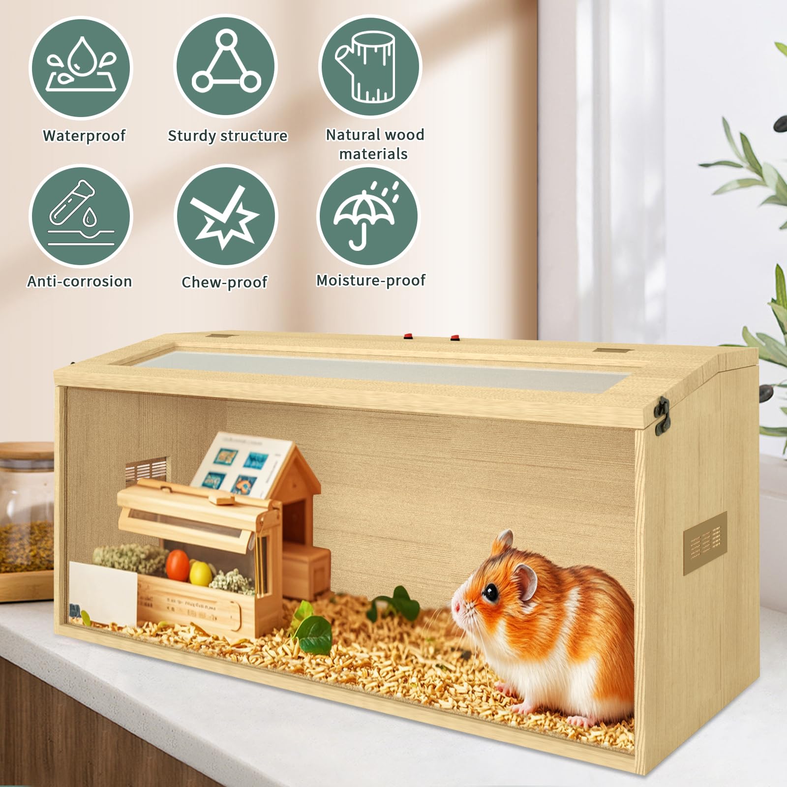 32'' Hamster Habitat Enclosure, Top Opening Lockable Roof Door, Gerbil Dwarf Hamster Cage With Hygrometer, Chewproof Syrian Hams