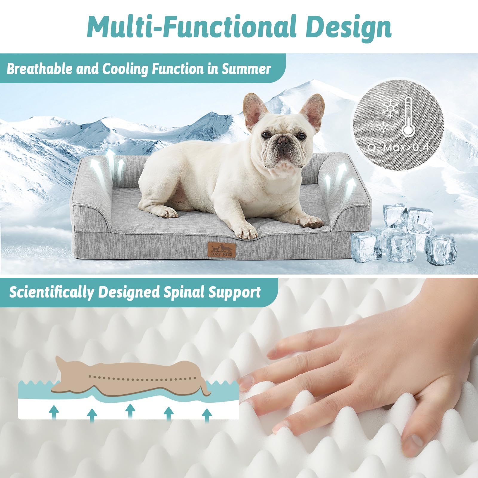 COZY KISS Cooling Dog Bed, Orthopedic Foam Dog Bed with Sides, Removable Washable Cover & Waterproof Lining and Nonskid Bottom,
