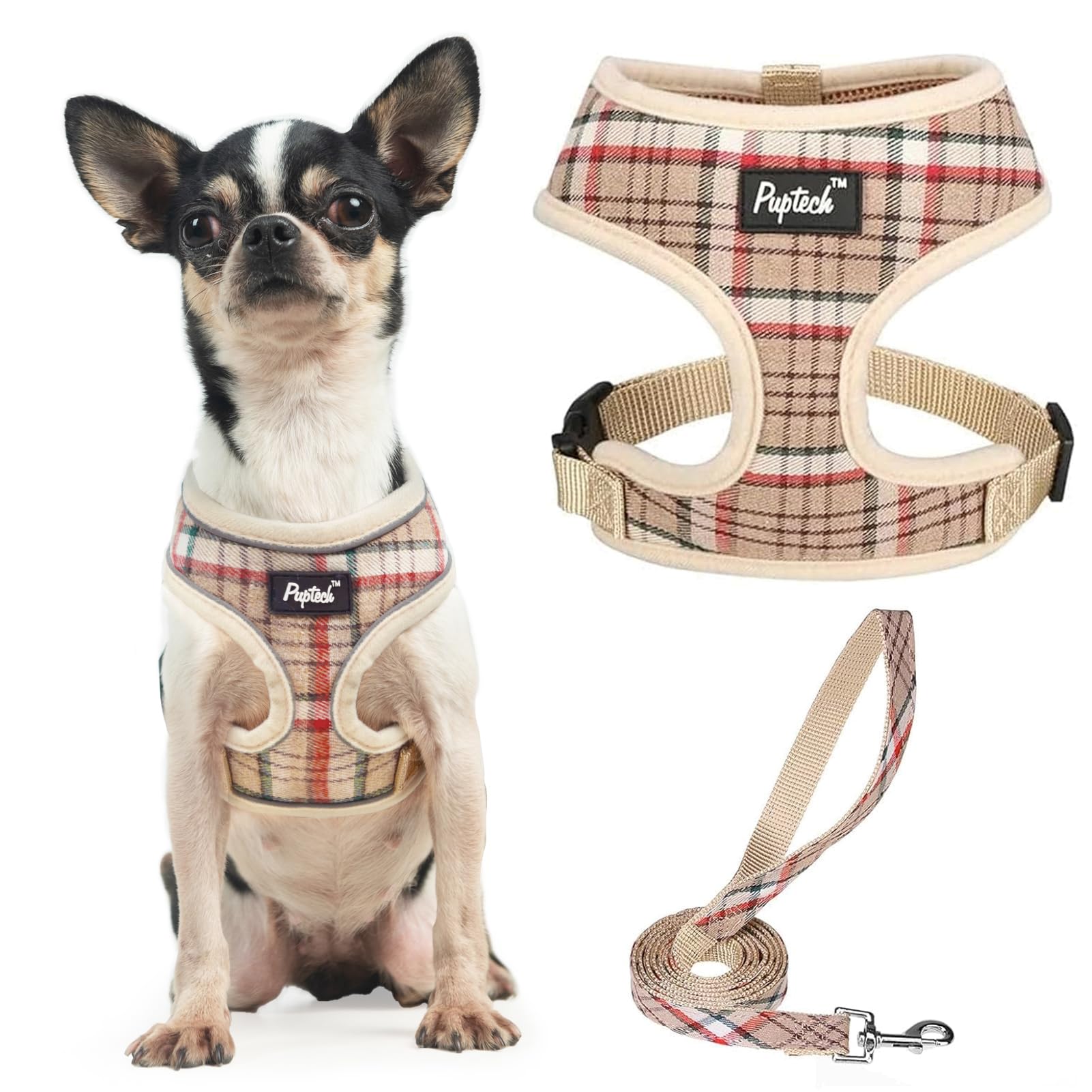 Pupteck Soft Mesh Dog Harness And Leash Set Pet Puppy Cat Comfort Padded Vest No Pull Harnesses, Khaki, Xs