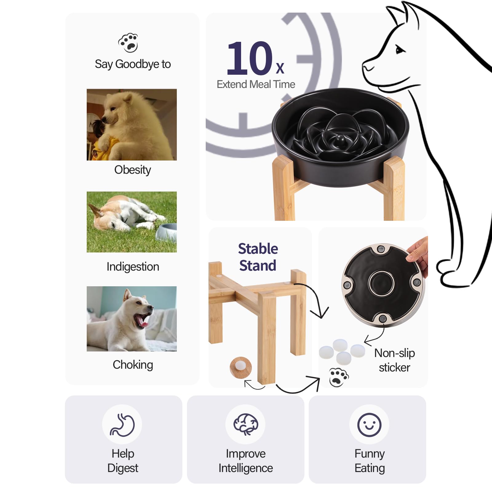 DJJJOOYS Black Ceramic Slow Feeder Dog Bowl, Elevated 1.5 Cup, 8.26 in, Puzzle Dish for Medium & Large Breeds