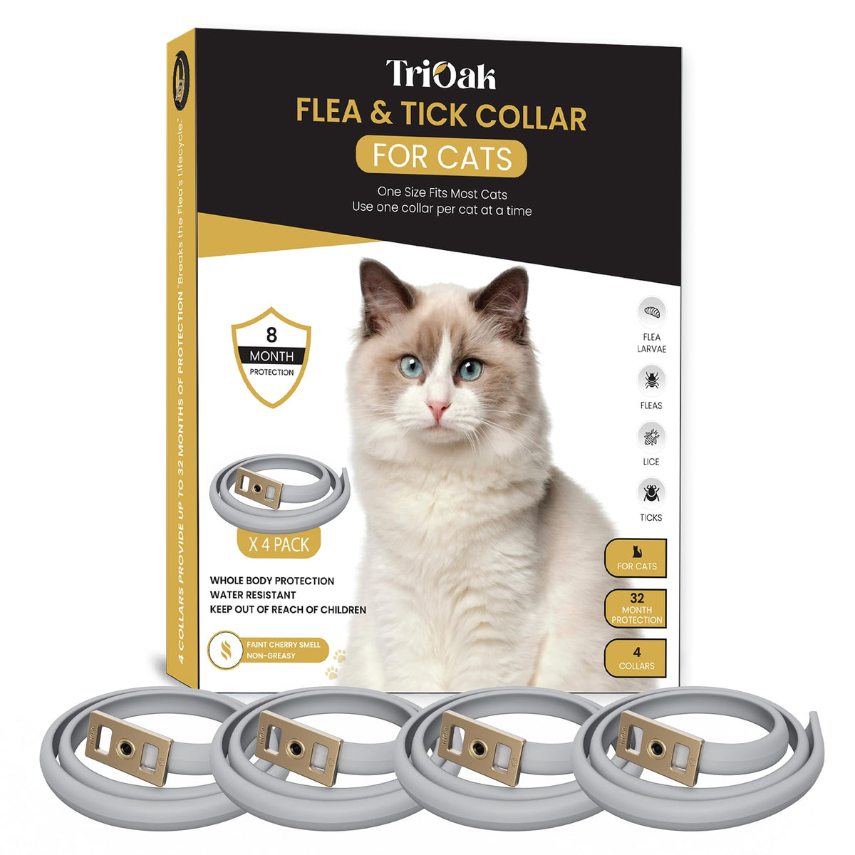 Trioak Flea Collar For Cats: 4 Pack Adjustable Kitten Flea Collar - 8-Month Protection, Waterproof, Gray