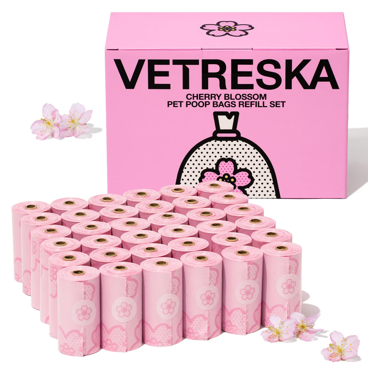 Vetreska Cherry Blossom Scented Dog Poop Bags, Leak Proof, Extra Thick And Large Dog Waste Bags, Poop Bags For Dogs Walking And Cat Litter, 36 Refill Rolls, 540 Bags, Pink