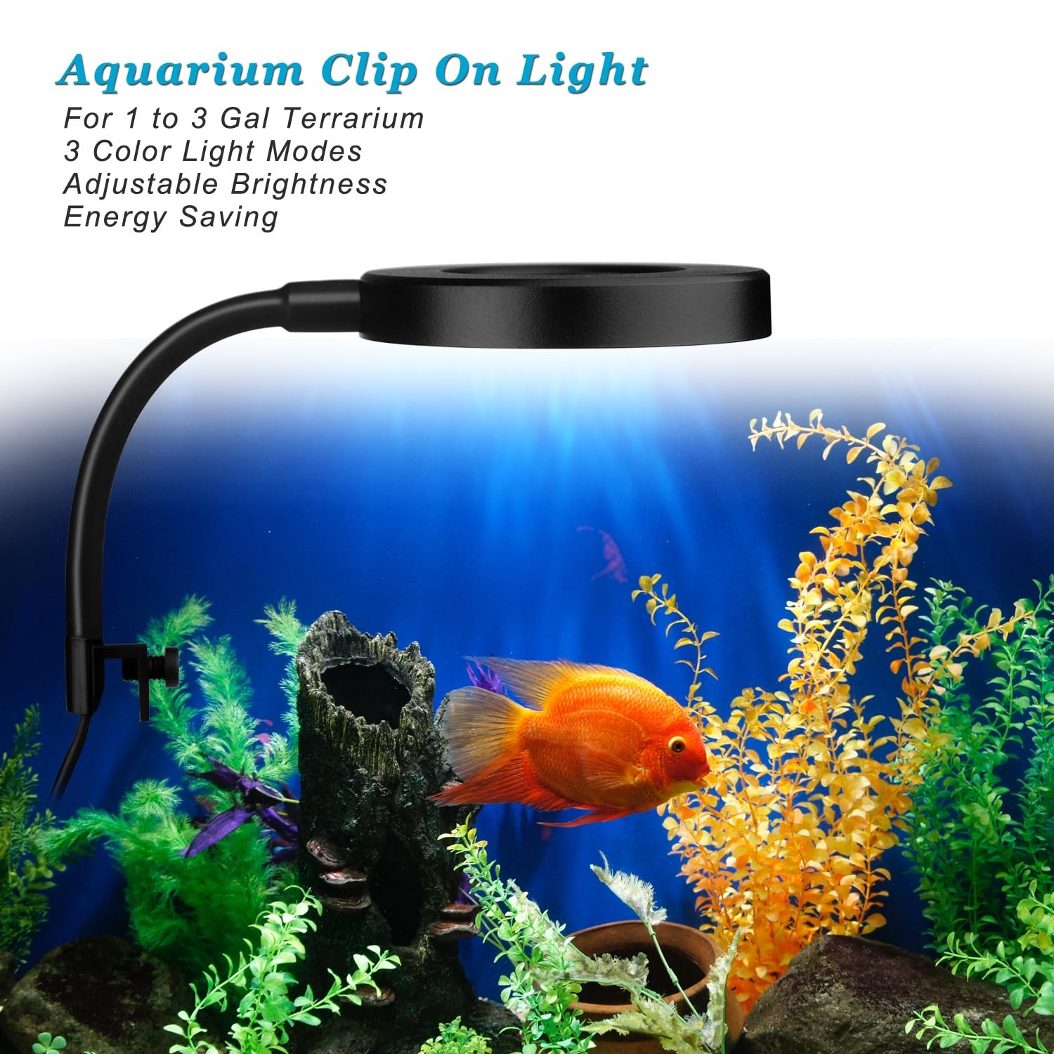 DOMICA Clip On Aquarium Light for 1 to 3 Gal Fish Tank (Dimmable White+Blue+Red LED) USB Moving Lamp for Open Terrarium (Adapter