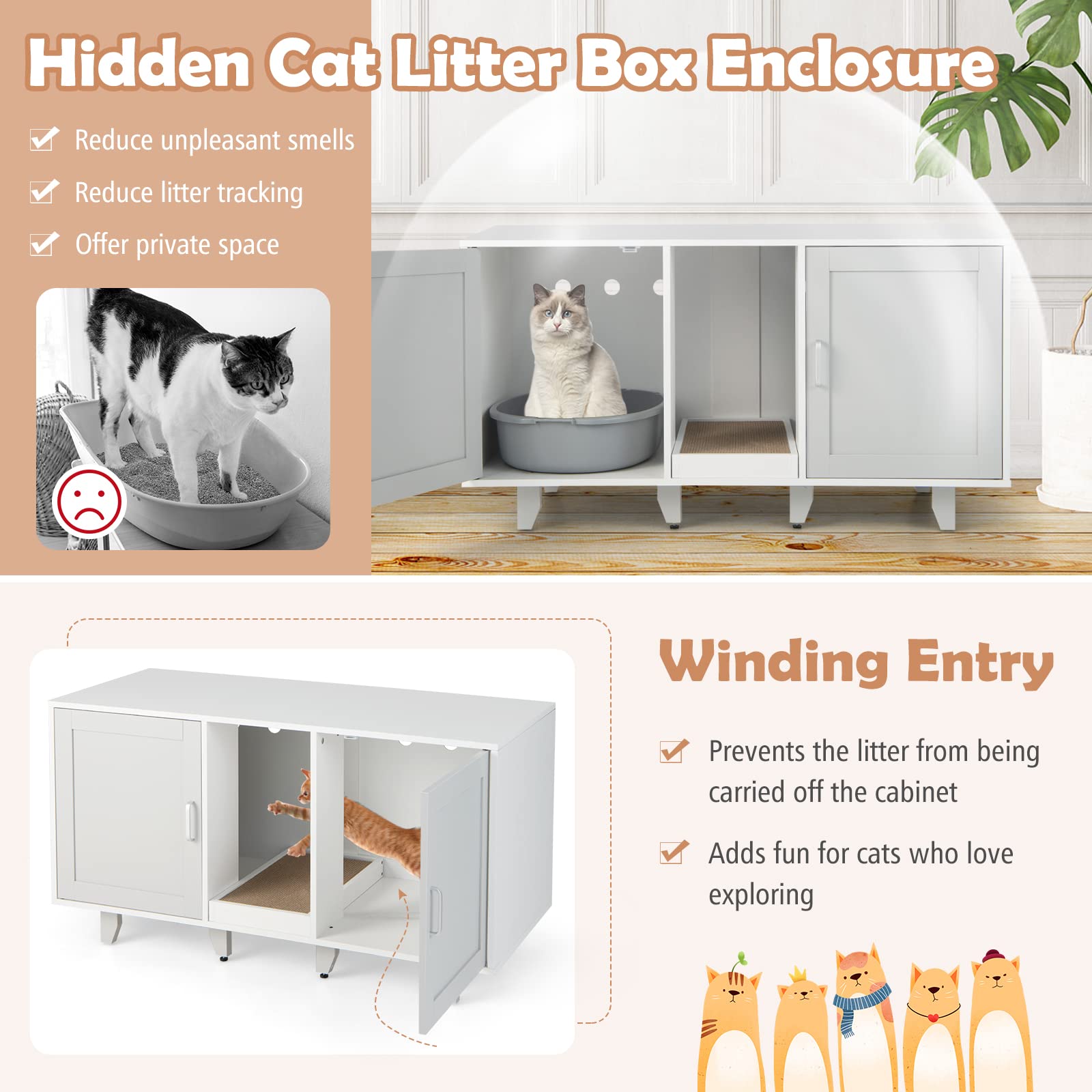 Petsite Litter Box Enclosure For 2 Litter Boxes, Hidden Cat Washroom Tv Stand End Table With 2 Cabinet, Scratching Board, Indoor Cat Litter Furniture Grey