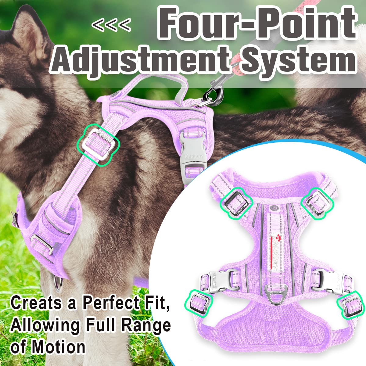 BARKBAY No Pull Dog Harness Front Clip Heavy Duty Reflective Easy Control Handle for Large Dog Walking with ID tag Pocket(Violet