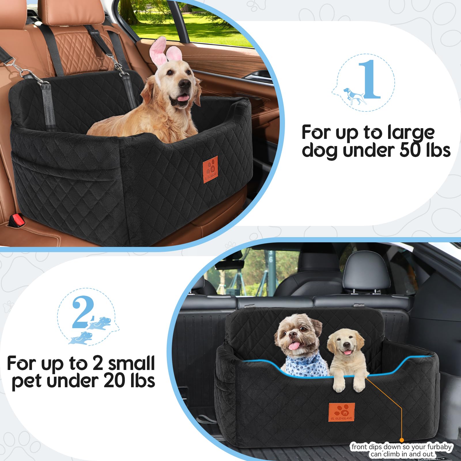 Gl Glenslave Dog Car Seat For Medium/Large Dogs,Dog Booster Seat For Dog Under 50Lbs Or 2 Small Dogs, Detachable And Washable Pe