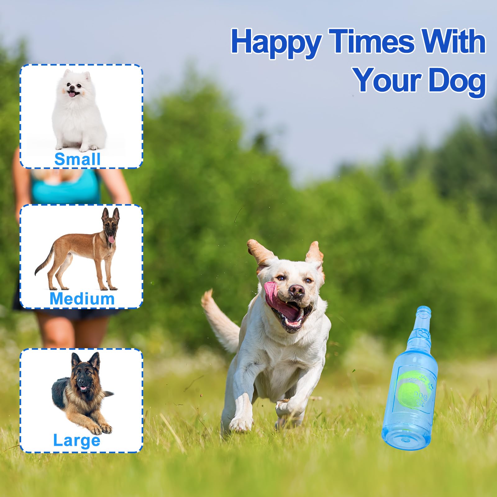 Squeaky Chew Toy For Dogs, Tpr Bottle With Tennis Ball Inside (Blue, Large)