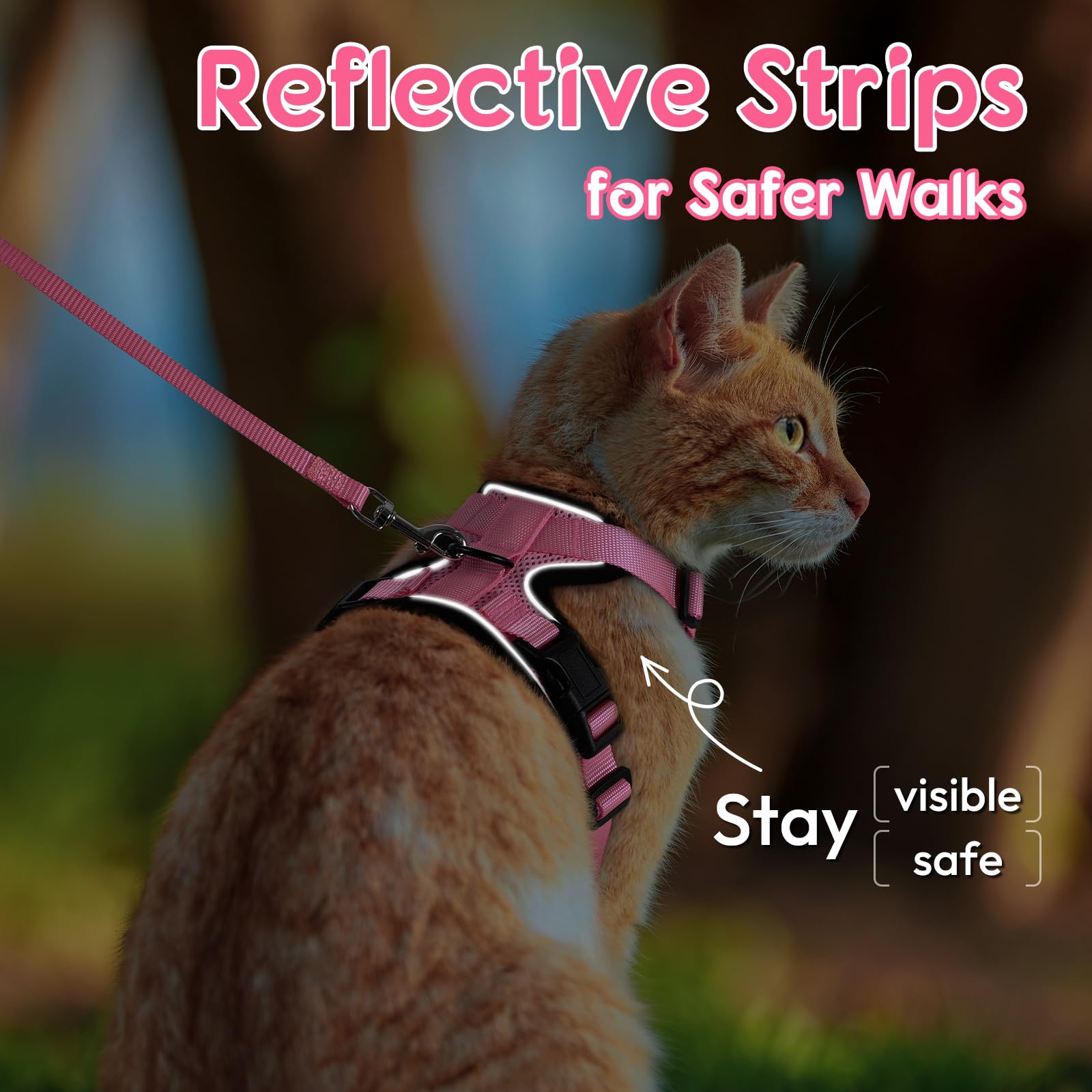 Dooradar Cat Harness and Leash Set, Adjustable Pink XS Vest, Soft Mesh, Escape Proof, Reflective Strips, Model YXMJTZ02XSPK20CW