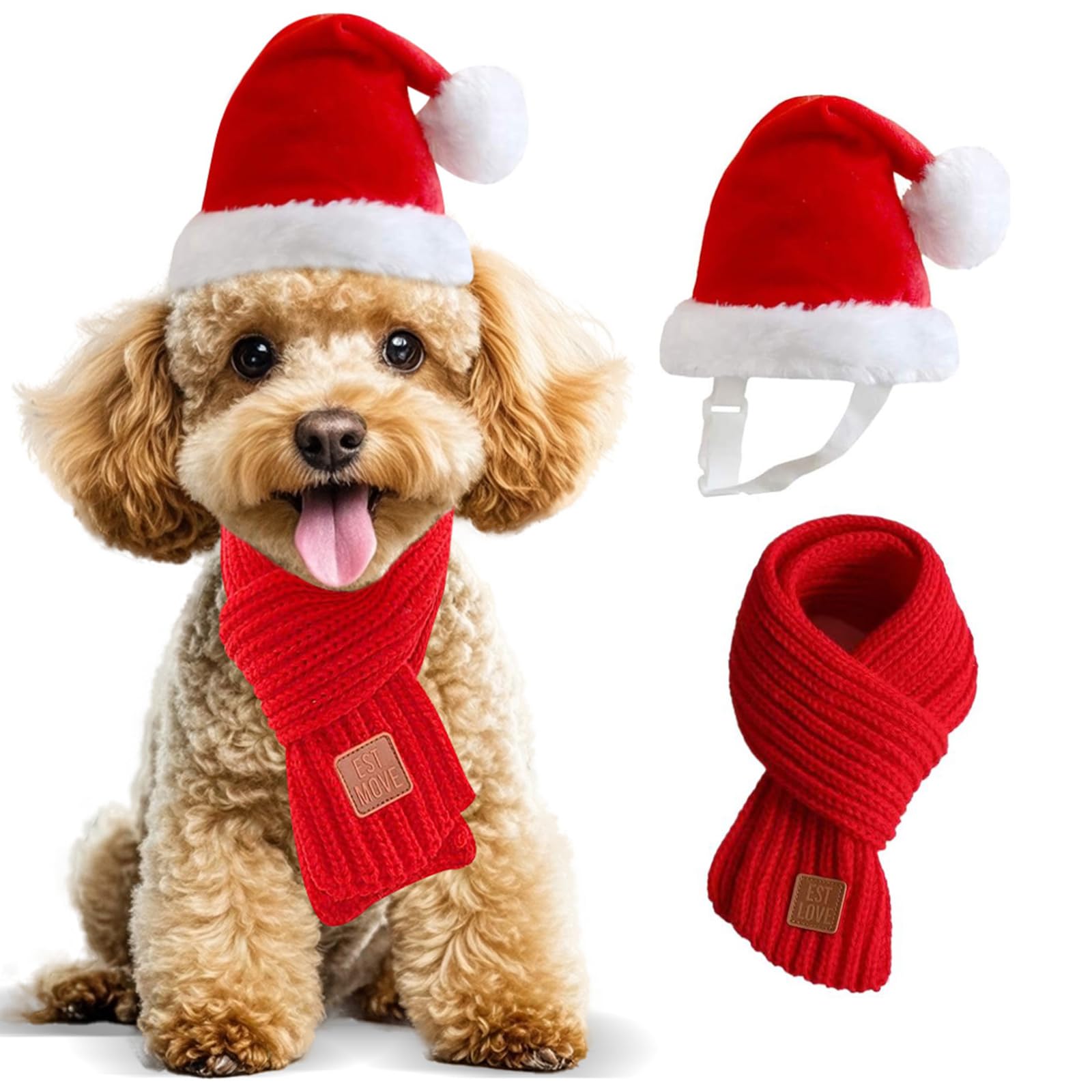 Dog Christmas Hat & Scarf Set For Small Dogs Puppies Cats - 2 Pcs Adjustable Santa Hat And Knitted Scarf, Fall Winter Costume (H