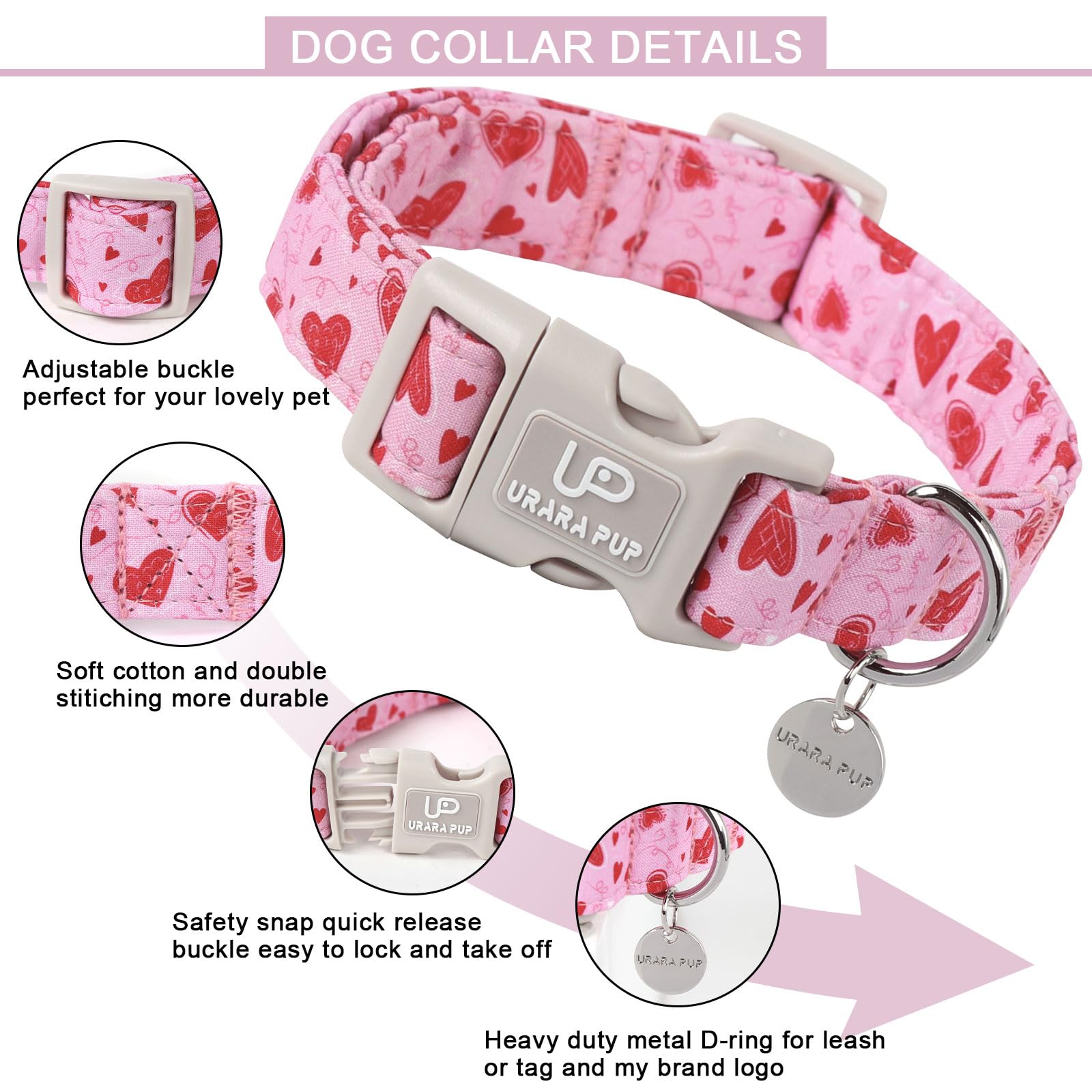 Up Urara Pup Pink Heart Dog Collar With Quick Release - Valentine'S Day Gift Collar For Puppy Girl Boy Dogs