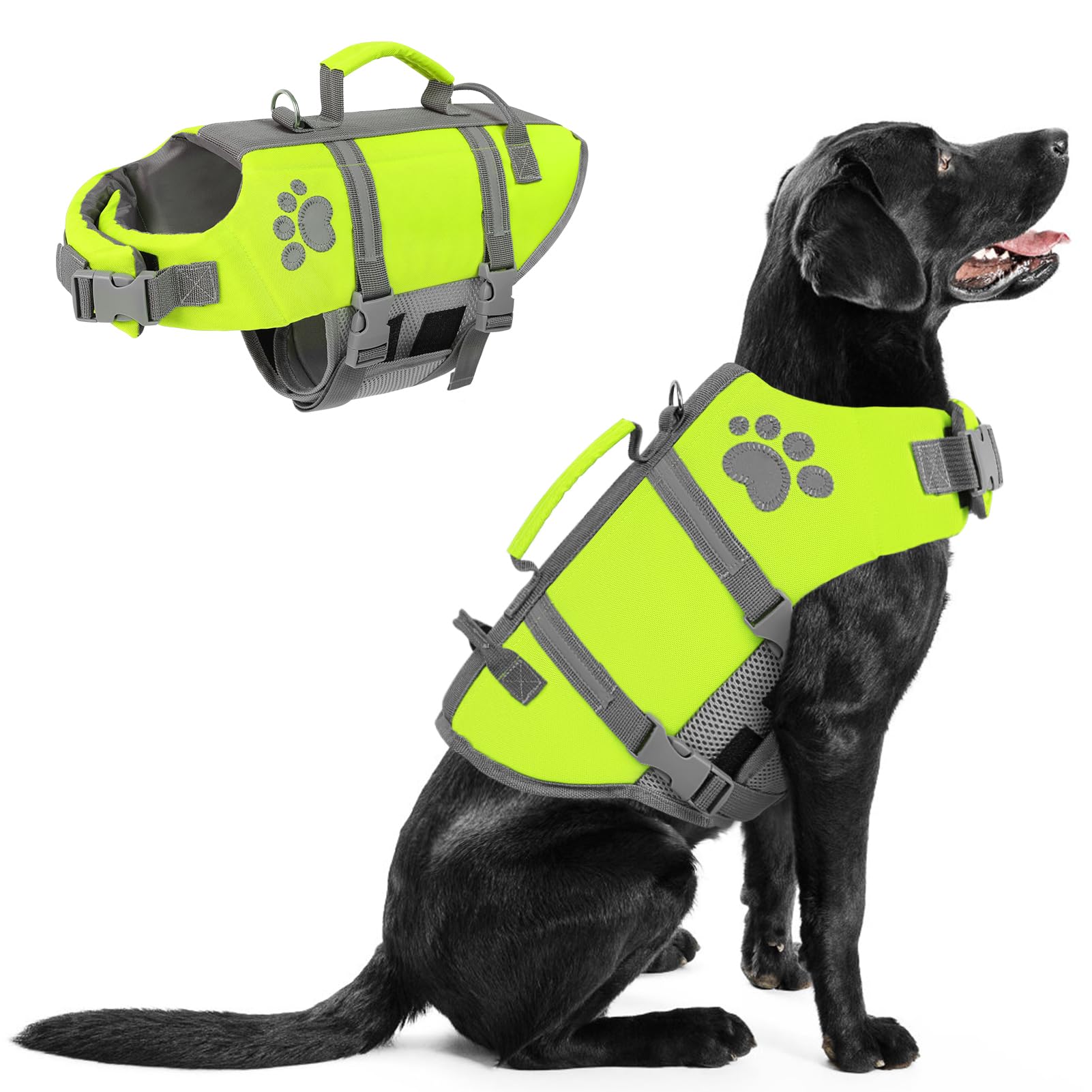 Queenmore Neon Green Large Dog Life Vest For Swimming, Xl Dog Life Jacket With Handle, Big Dog Floating Vest For Pool