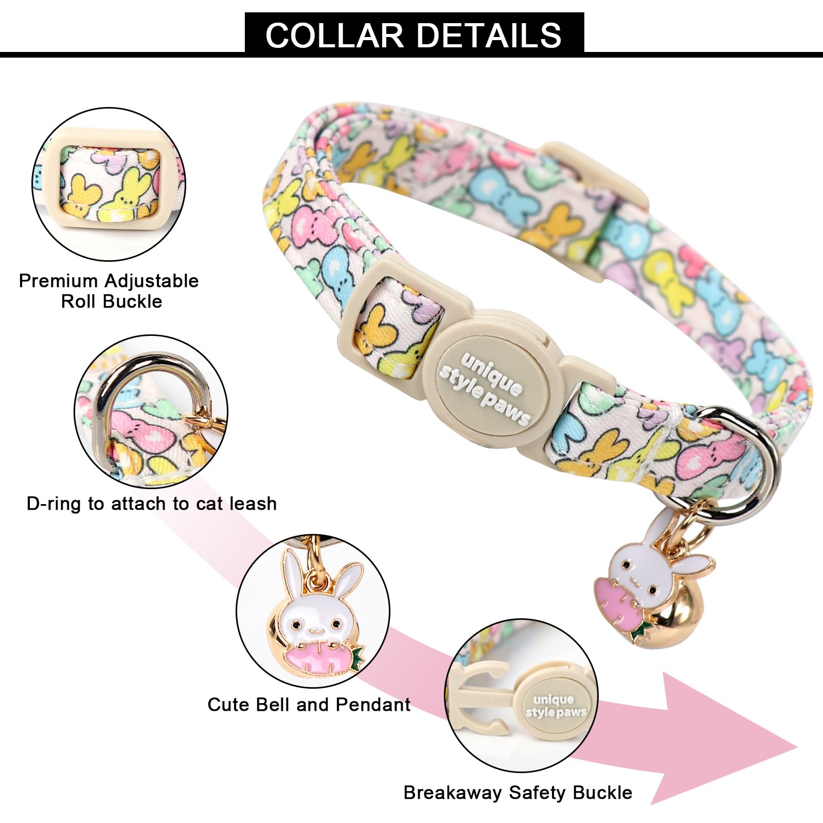Unique Style Paws 2 Pack Easter Day Kitten Collar Breakaway With Bell&Pendant, Adjustable Safety Colorful Sports Rabbit Cat Cott