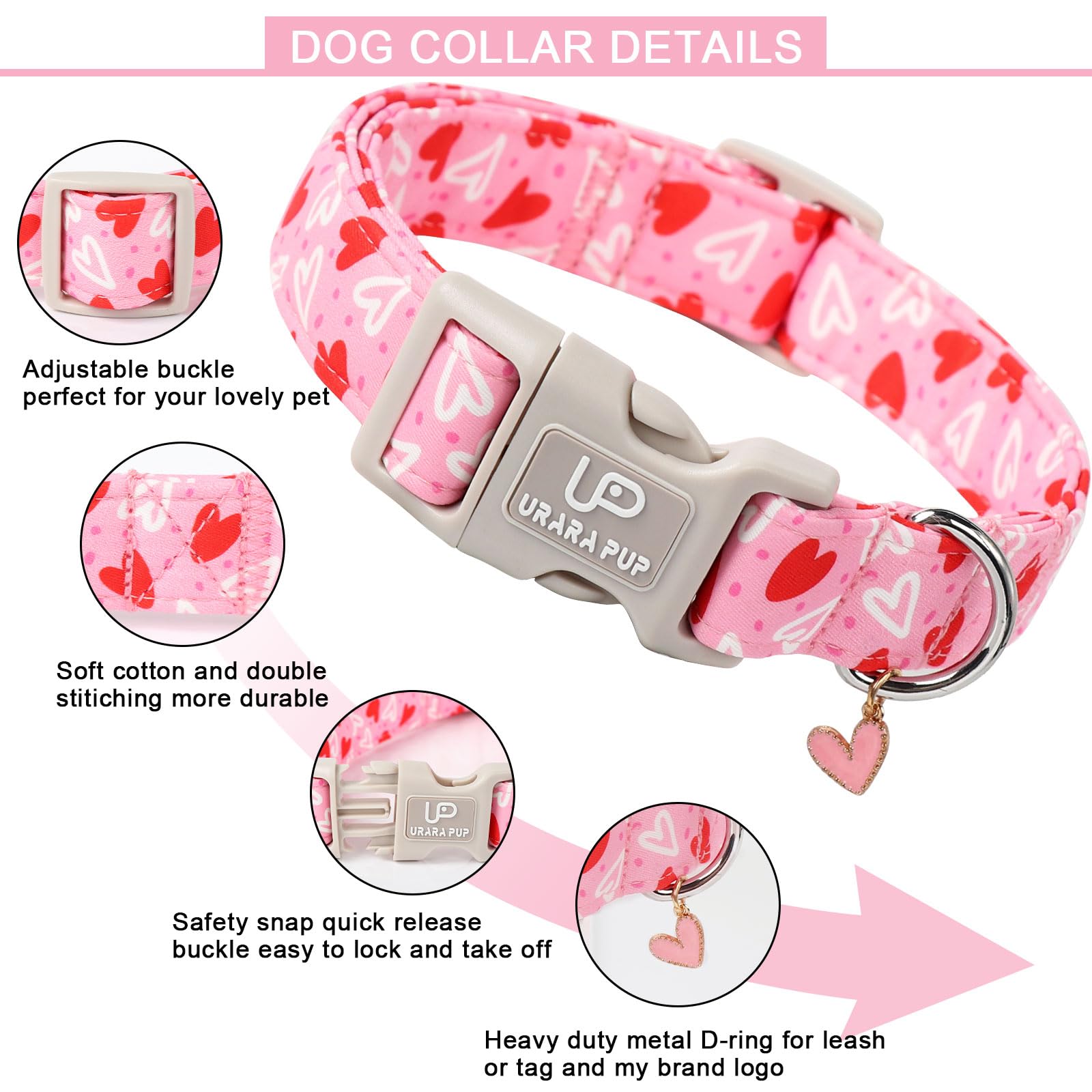 Up Urara Pup Valentines Dog Collar, Pink Heart Dog Collar With Quick Release, Valentines Gift Pet Girl Boy Dog Collar For Puppy