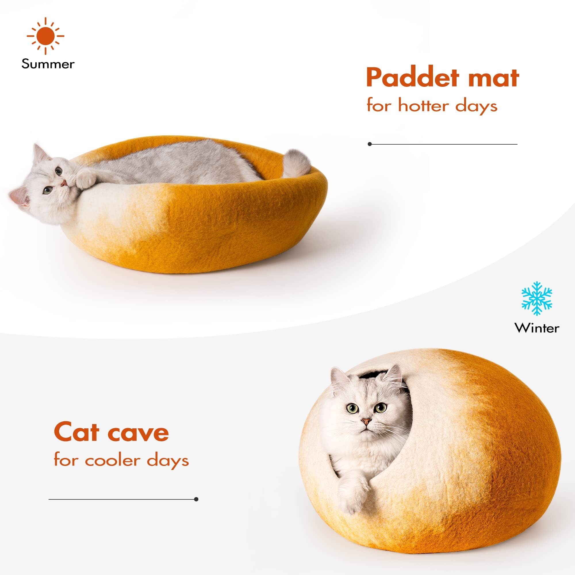 Cat Cave Bed -Handmade Wool Cat Bed Cave, Cat Bed Cat House, Felt Cat Caves For Indoor Cats And Kittens(Yellow/White)
