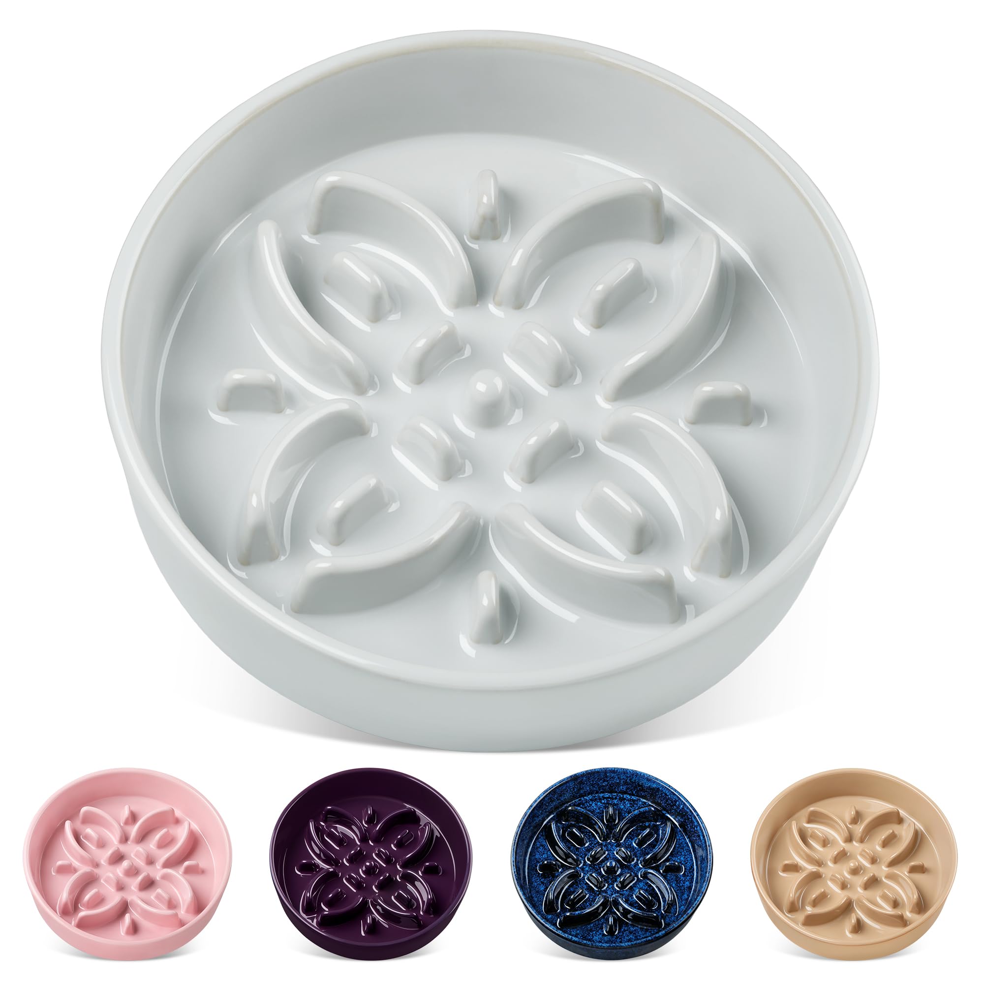 vancasso Ceramic Slow Feeder Dog Bowls, Puzzle Dog Food Bowls with Floral Maze, Anti -Slip Pet Food Dish for Large Breed, 3 Cups
