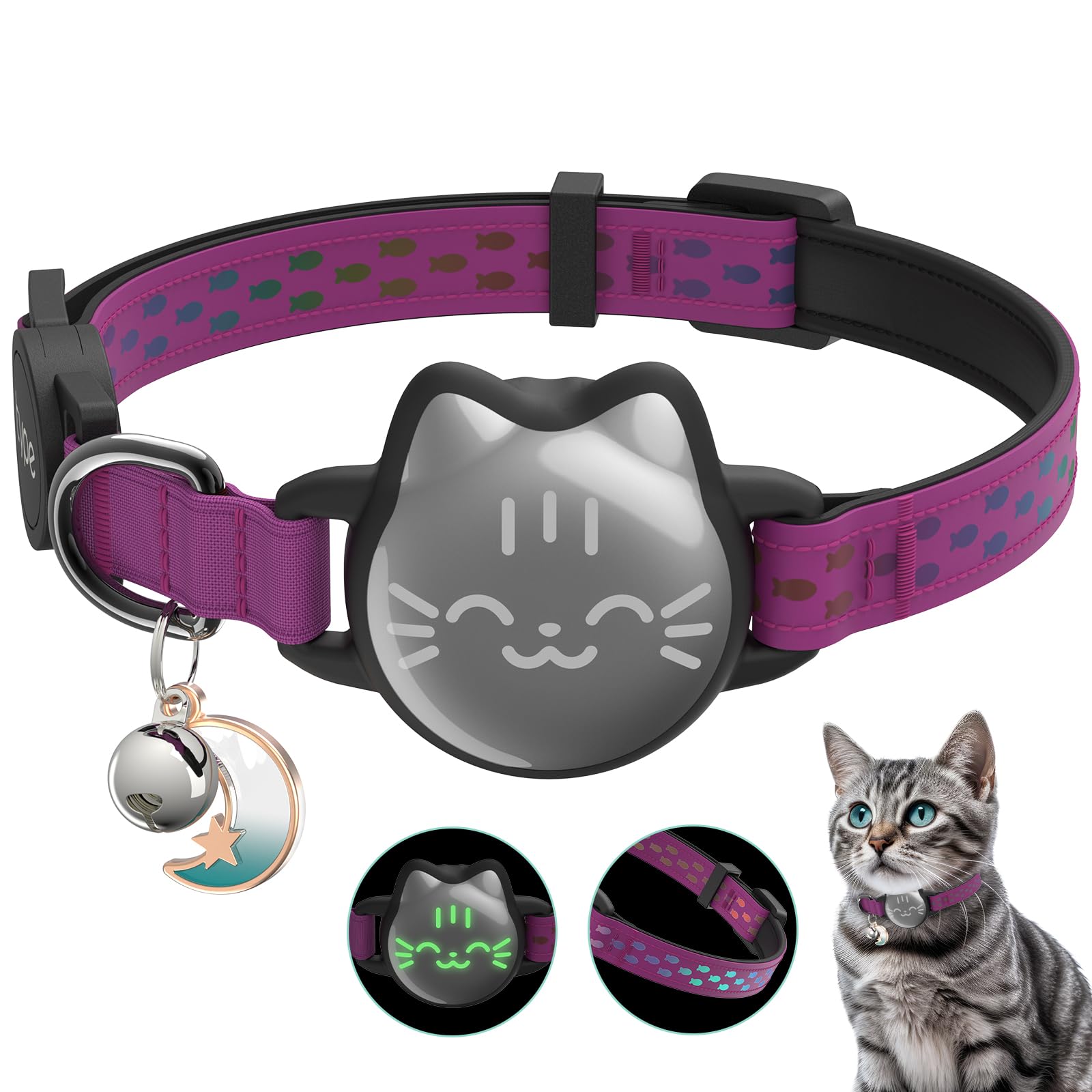 Waterproof Airtag Cat Collar, Breakaway Cat Airtag Collar With Luminous & Reflective Pattern Strap, Lightweight Kitten Collar For Apple Air Tag, Hidden Holder For Gps Tracker - Cats, Kittens (9-13')