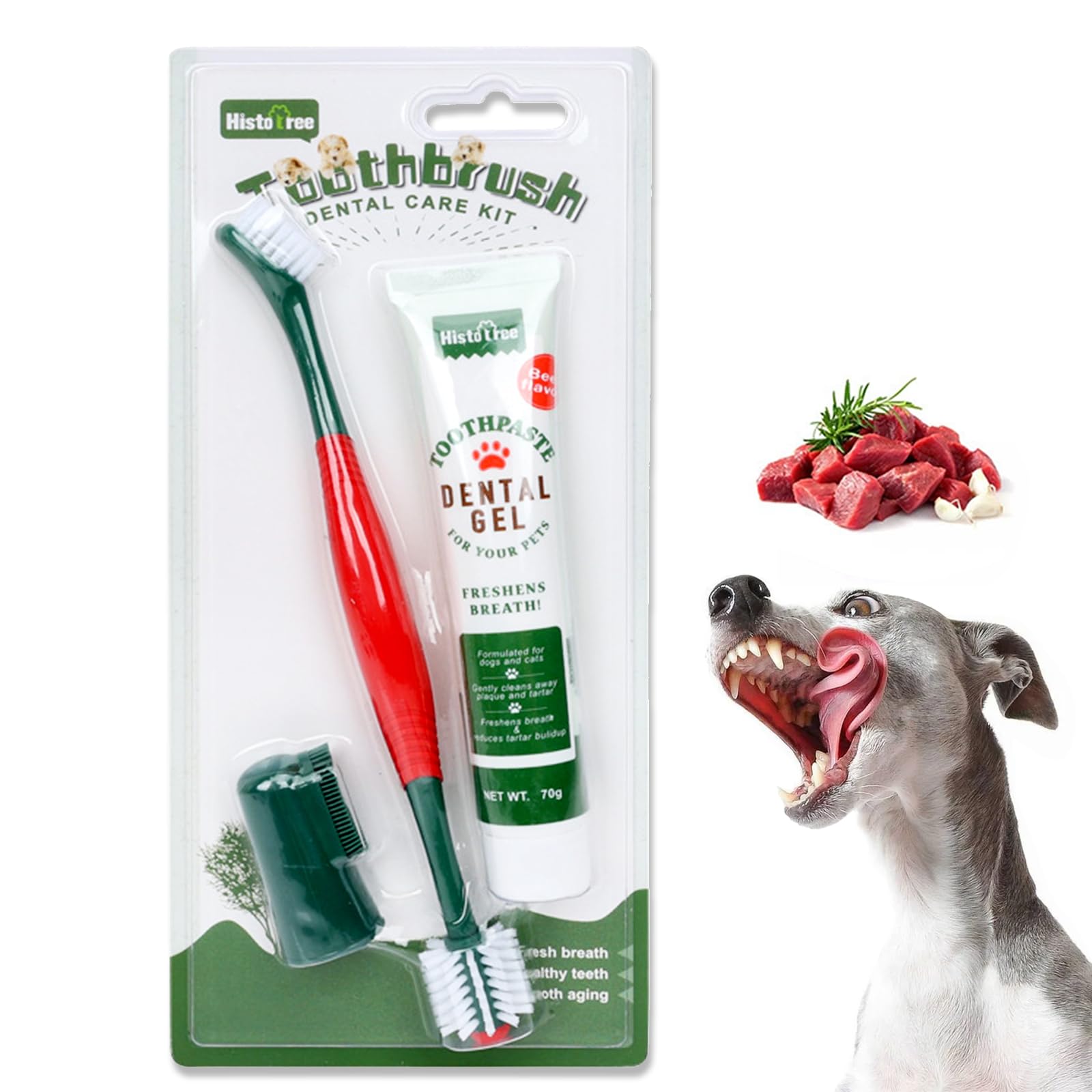 Histotree Dog Toothbrush and Toothpaste Kit Beef Dog Toothpaste(70g) Soft Nylon Double-Head Dog Toothbrush Green Dog Finger Toot