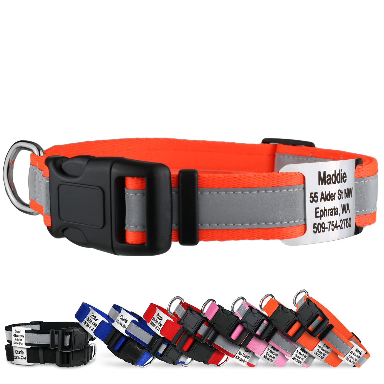 Gotags Reflective Personalized Dog Collar With Nameplate, Adjustable Dog Collar With Custom Engraved Steel Slide On Pet Id Tag, 