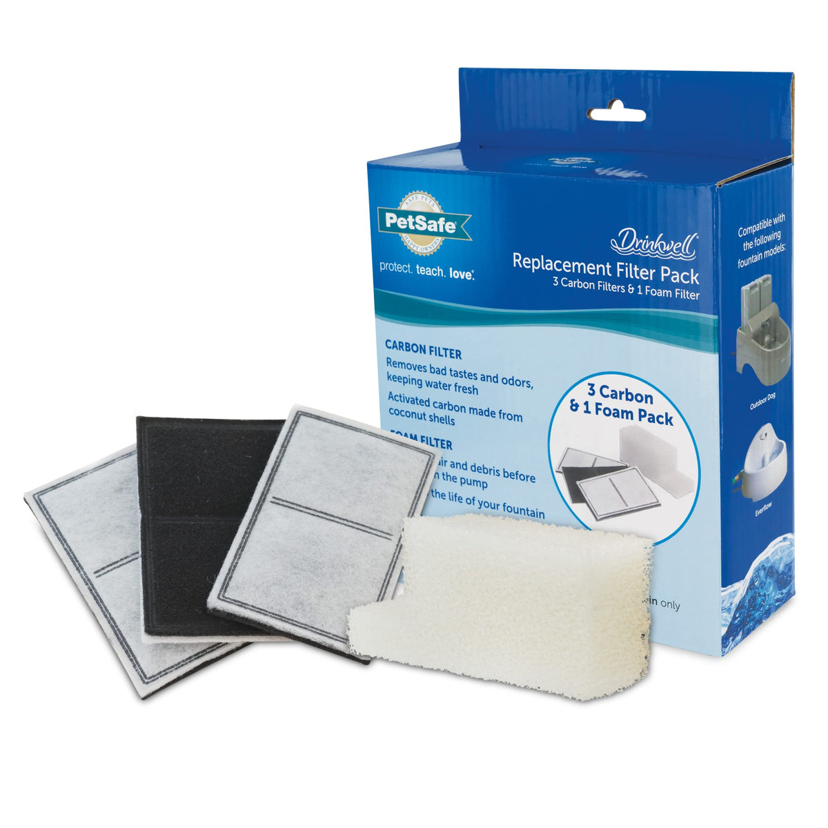 PetSafe Drinkwell Replacement Filter Pack for Outdoor Dog Water Fountain, 3 Carbon Filters & 1 Foam Filter