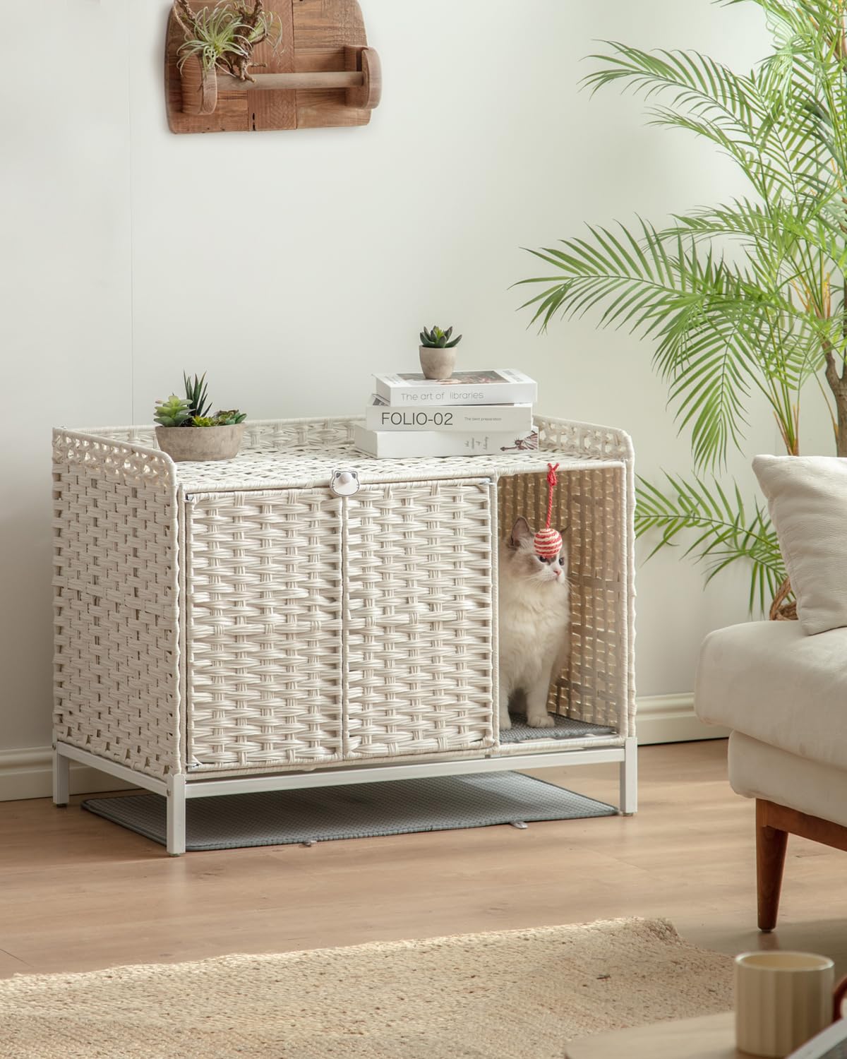 Setvson Cat Litter Box Enclosure Furniture - Hidden With Mat, 31.219.624.2 Inches Handwoven Rattan House End Table With Metal He