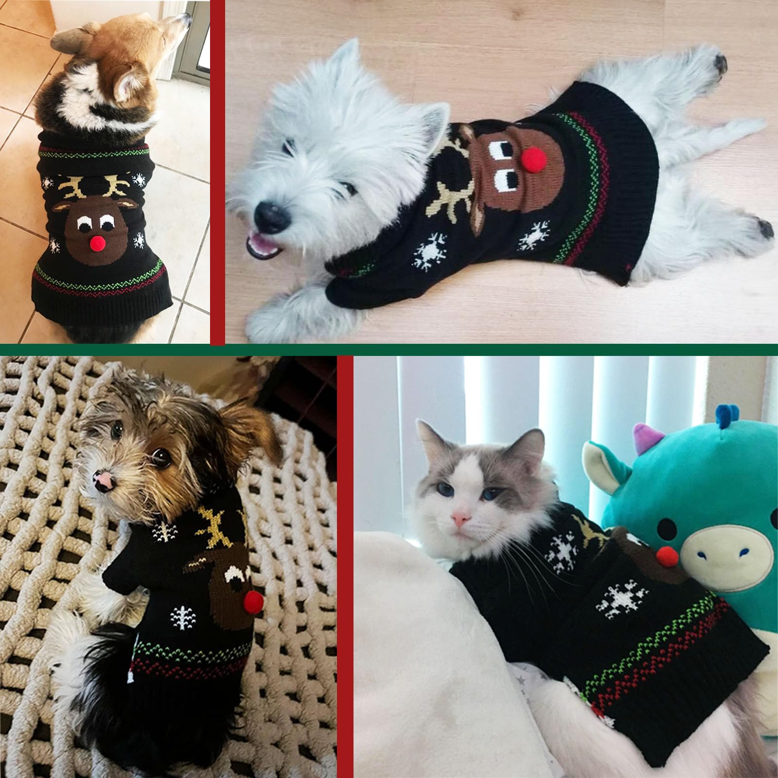 Axiijgl Reindeer Cat Christmas Sweater With Leash Hole - Soft Dog Clothes Outfit For Dachshund, French Bulldog Winter Clothes