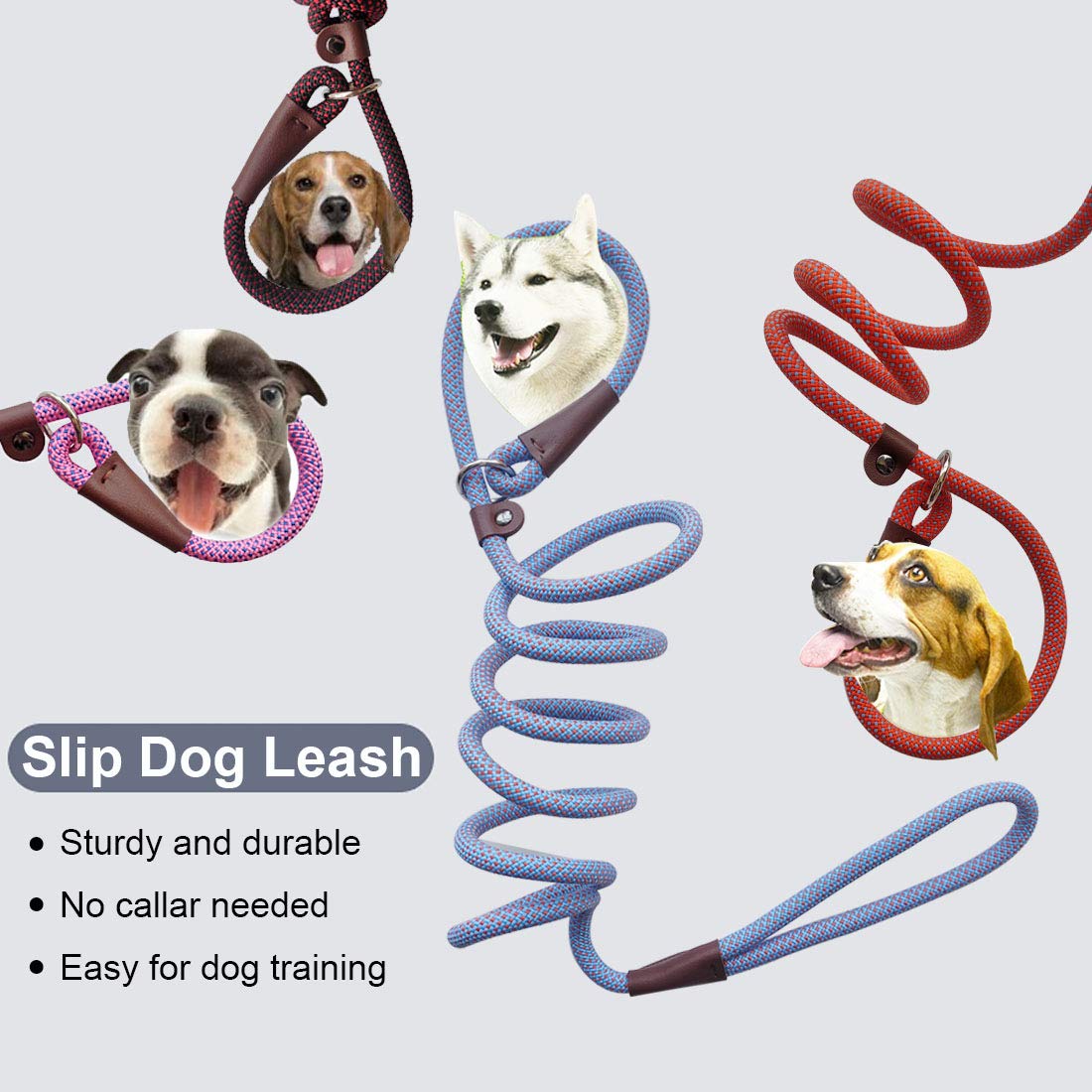 Btinesful 7Ft Slip Lead Dog Leash, Strong Nylon Rope Leash, 1/4 & 1/2 Inch Diam Dog Training Lead For Small Medium Large Dogs (1/4' * 7 Ft, Green Dot)