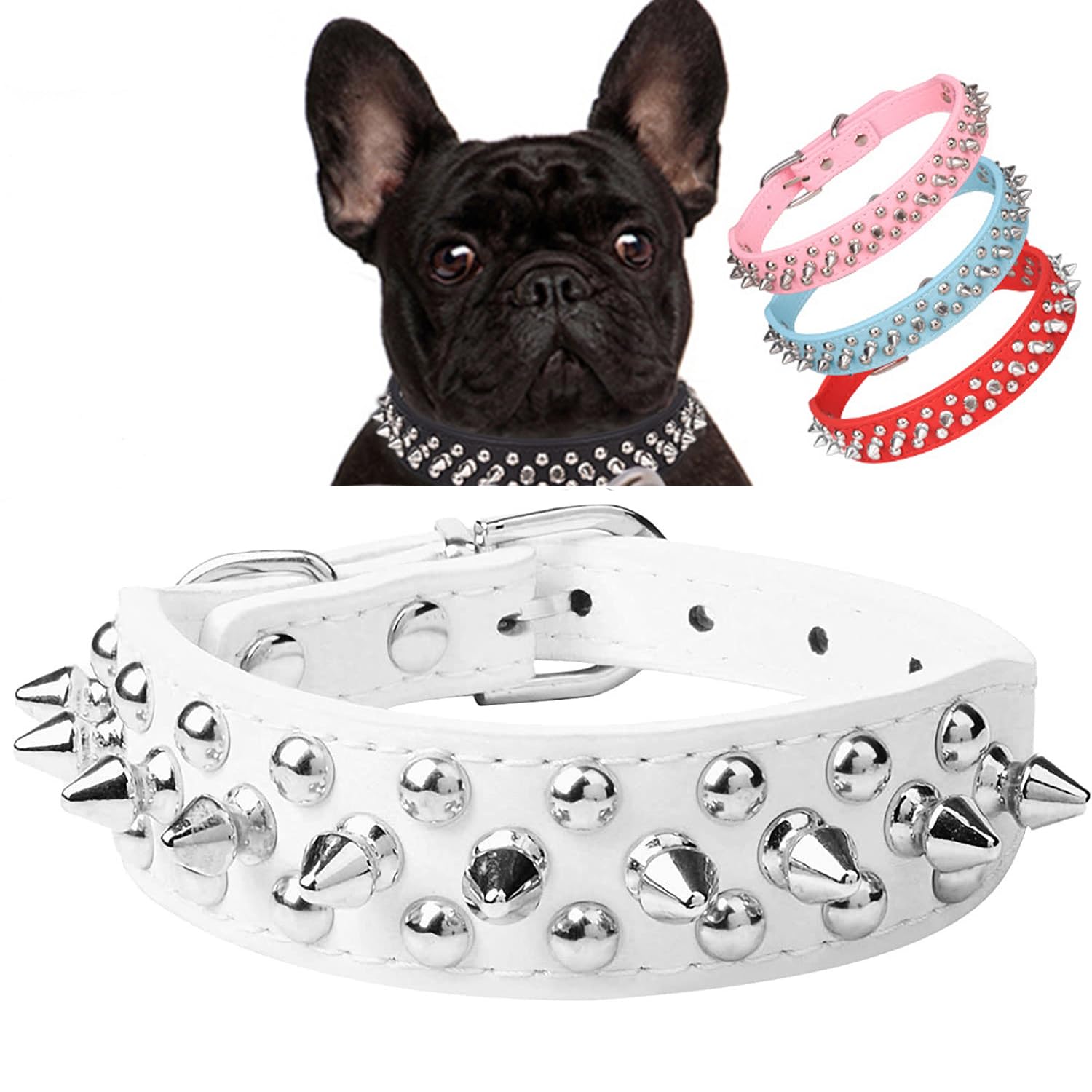 Serijoars Spiked Dog Collar Soft Pu Leather Mushrooms Rivet Spike Studded Dog Collar Adjustable Puppy Collars (L, White)