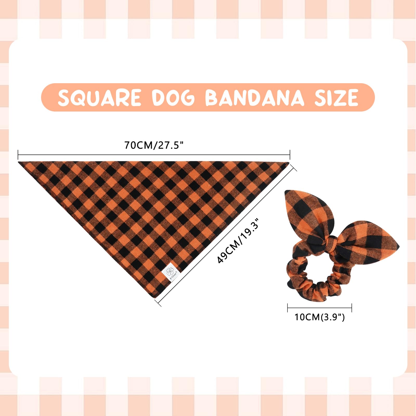 E-Clover Dog Bandana & Matching Scrunchie-Orange Black Dog Bandanas Plaid Pet Scarf Bib For Medium Large Dogs Girl Boy Owner Gif