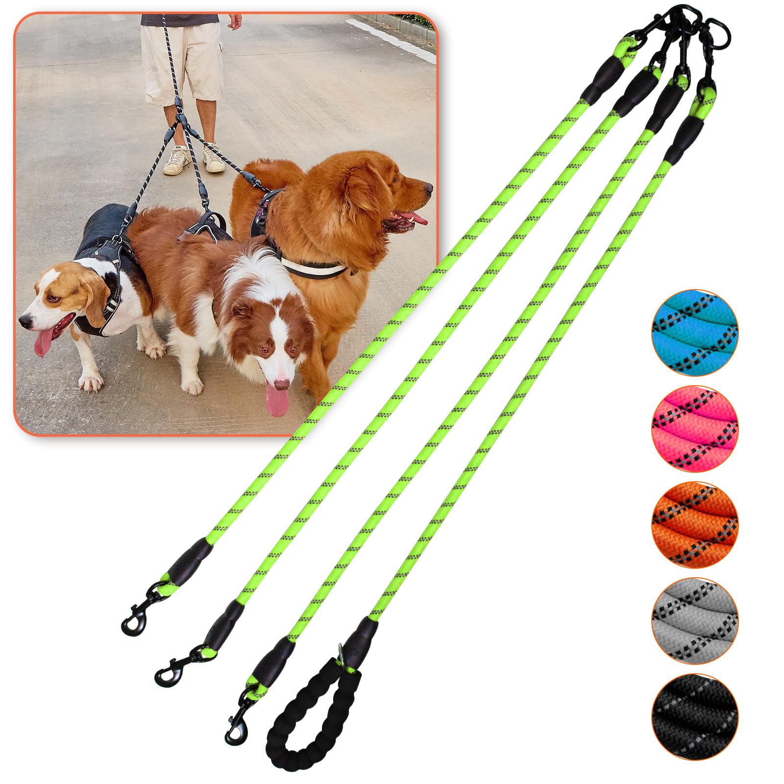 Three Way No Tangle Leash For 3 Dogs - 360 Swivel, Reflective For Large, Medium, Small Dogs (Green)