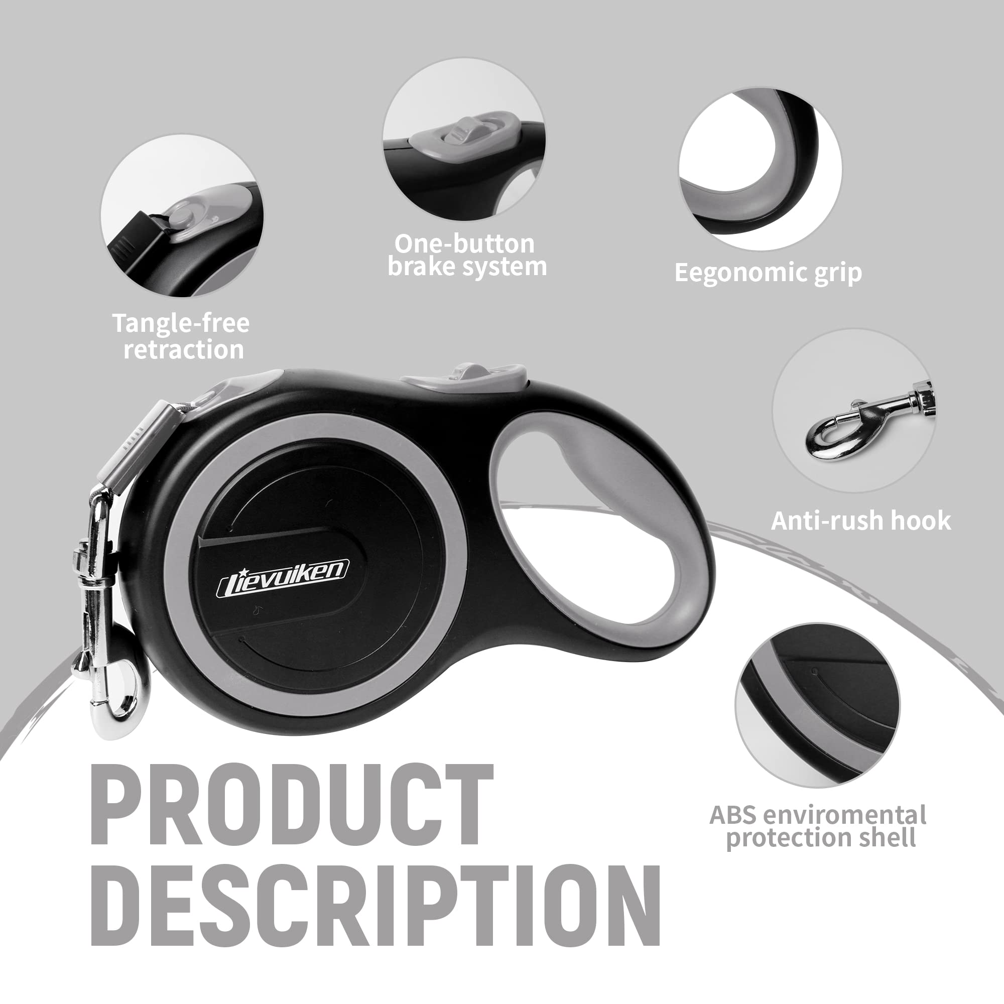 Lievuiken 10 Ft Retractable Dog Leash With No Tangle For Dog Up To 33Lbs, One-Handed Brake, With Non-Slip Handle, Strong Nylon T