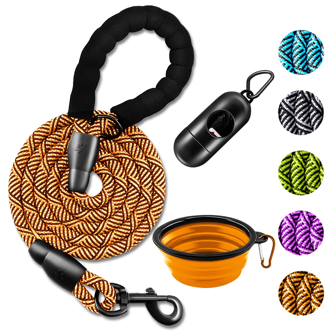 Doyoo 1 Dog Leash 5Ft/6 Ft Thick Durable Nylon Dog Rope-Comfortable Padded Handle Reflective Rope Dog Leash For Medium Large Dogs With Collapsible Pet Bowl And Garbage Bags (Flower 6Ft Orange1/2'X6Ft)