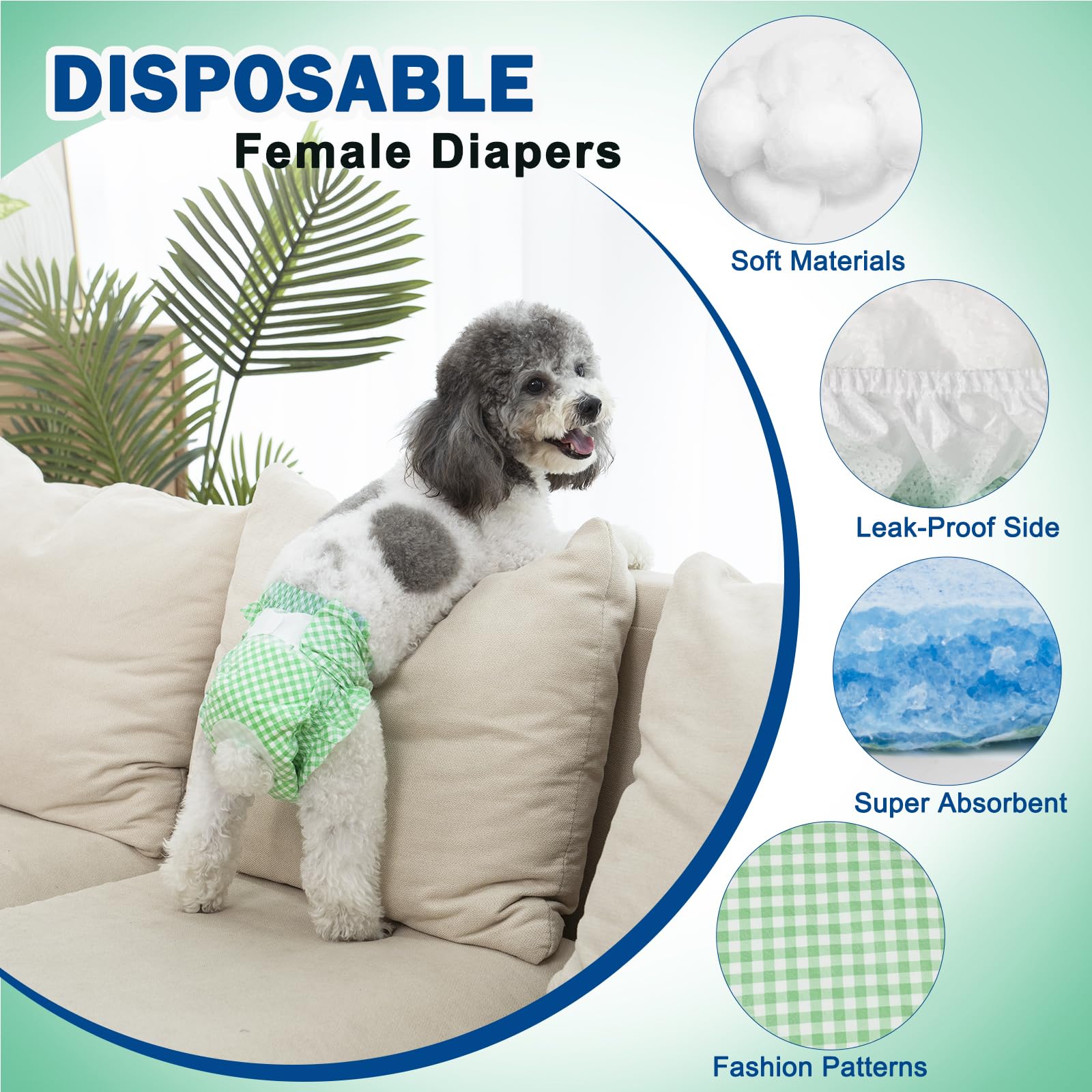 Pet Soft Dog Diapers Female - Disposable Doggie Diapers For Female Dogs, Puppy & Cat Diapers With Adjustable Foam Tail Hole, 24Pcs (Xs,Green)