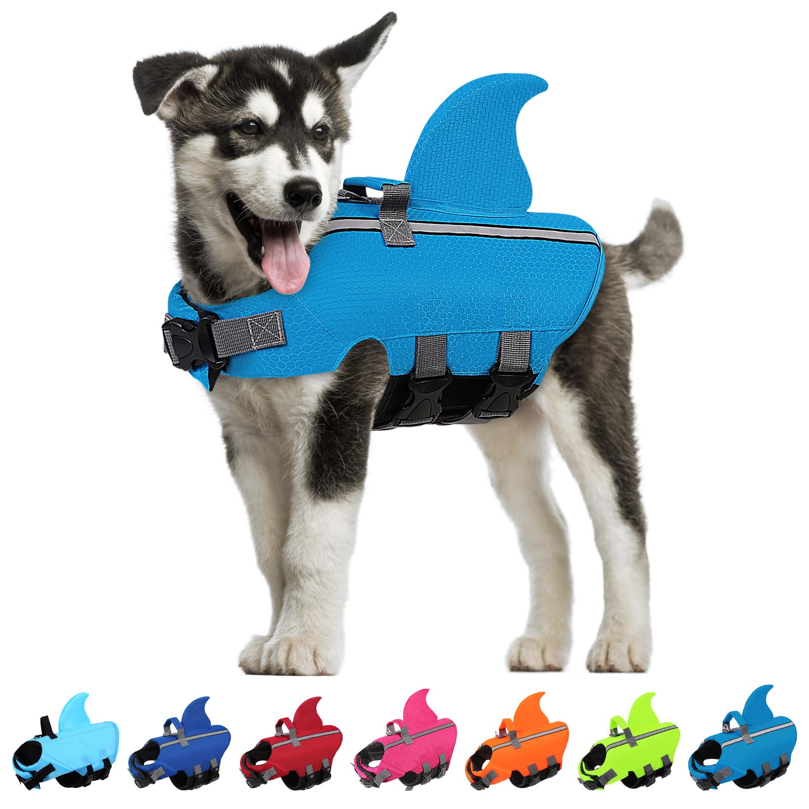 Sunfura Dog Life Jacket Shark Life Vest For Dogs, Adjustable Swmming Vest With High Buoyancy, Safety Lifesaver With Rescue Handl