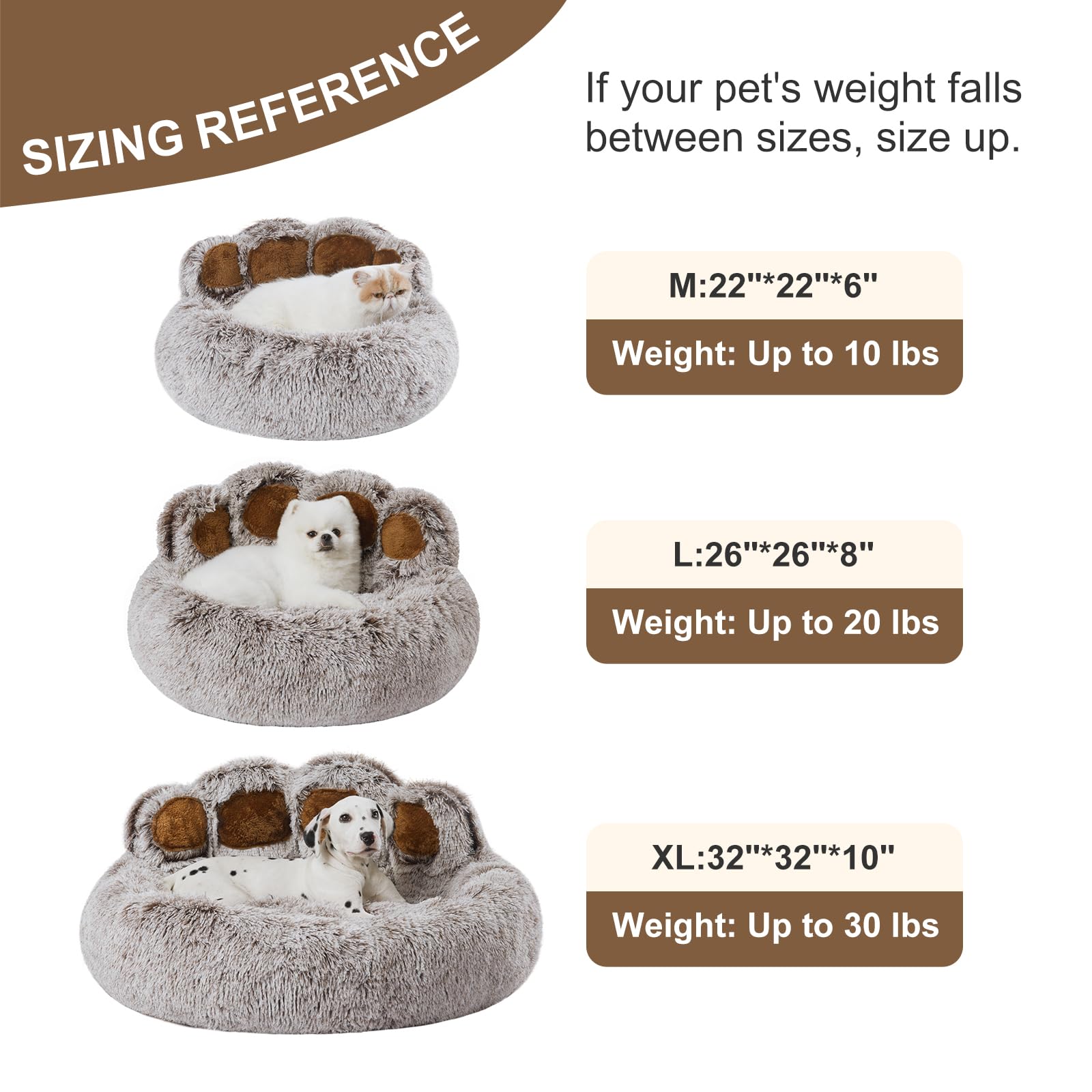 Jiupety Paw Shape Calming Pet Bed, Plush Faux Fur Donut Bed for Dogs & Cats, Machine Washable, Non-Slip Bottom, Medium (22   22