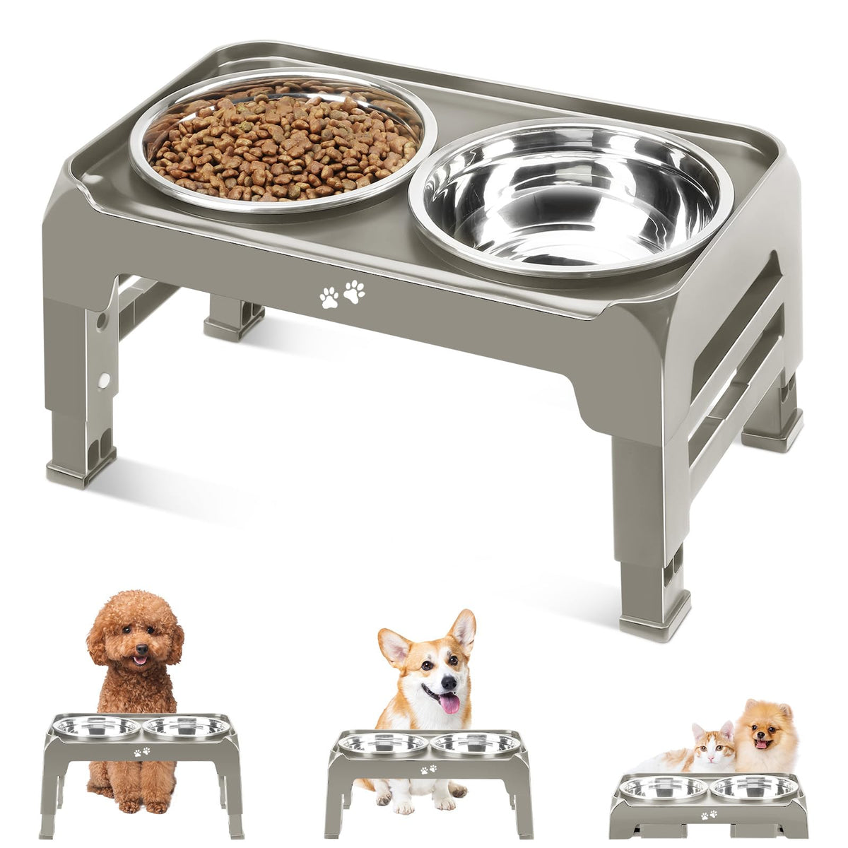 Elevated Dog Bowls For Small Dogs 3 Height Adjustable Raised Dog Bowl Stand With 25Oz Stainless Steel Dog Food Bowls Anti-Slip Small Dog Feeder Adjusts To 7.5', 6', 2.75', Light Brownish Gray