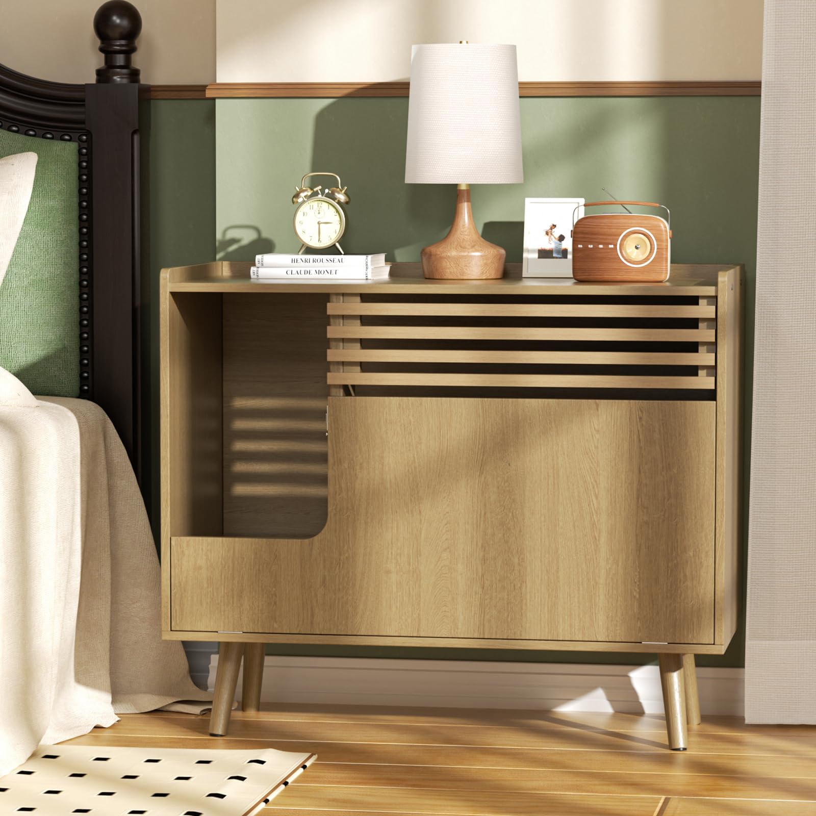 Halitaa Cat Litter Box Enclosure,Mid-Century Modern Hidden Litter Box Furniture With Cat Scratch Pad,Flip-Down Opening Litter Bo