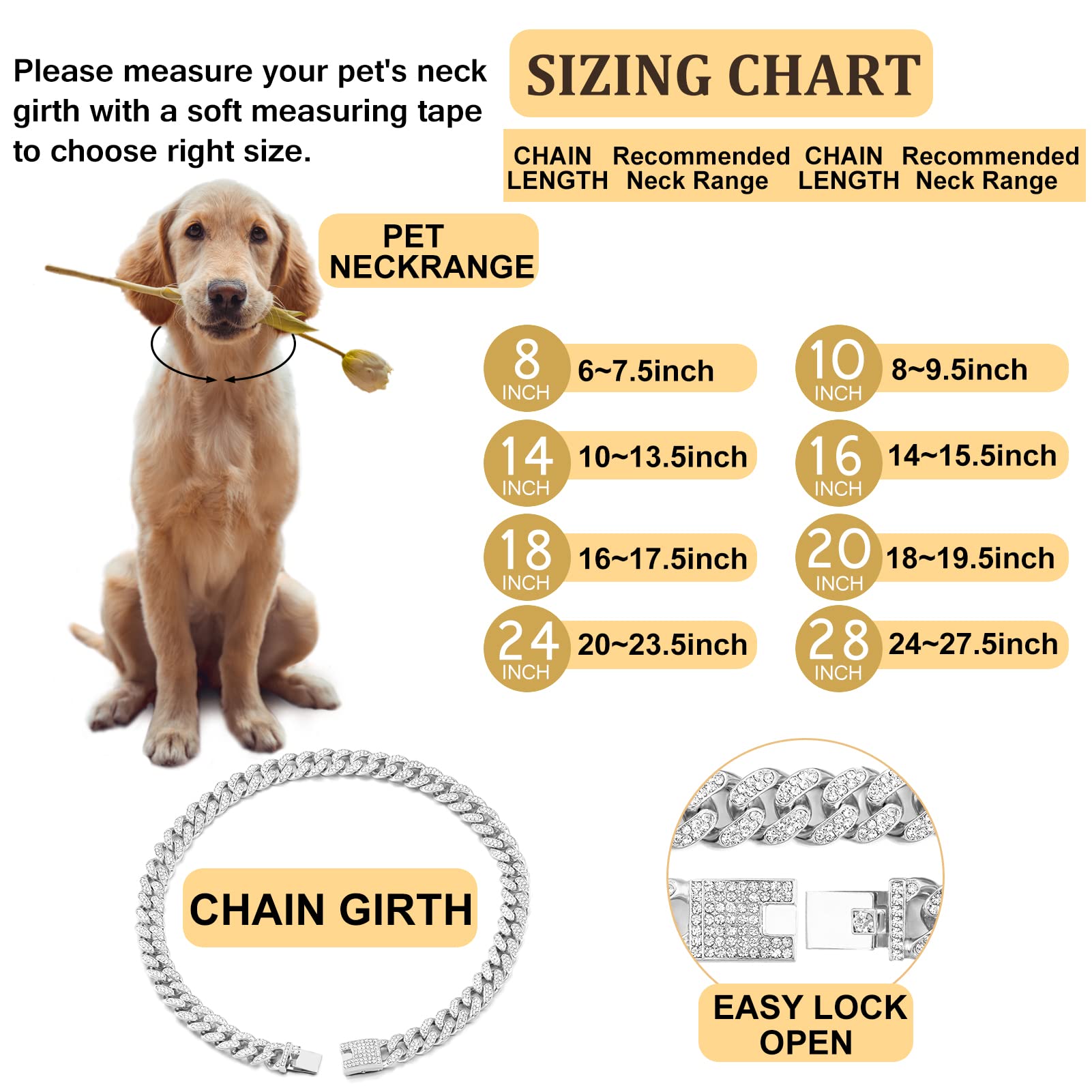 Flatfoosie Cuban Link Dog Collar Gold Silver Color Metal Dog Chain Collar Cuban Diamond Chain Pet Collars For Dogs Cats Jewelry 8/10/14/16/18/20/24/28 Inch (18Inch, Silver)