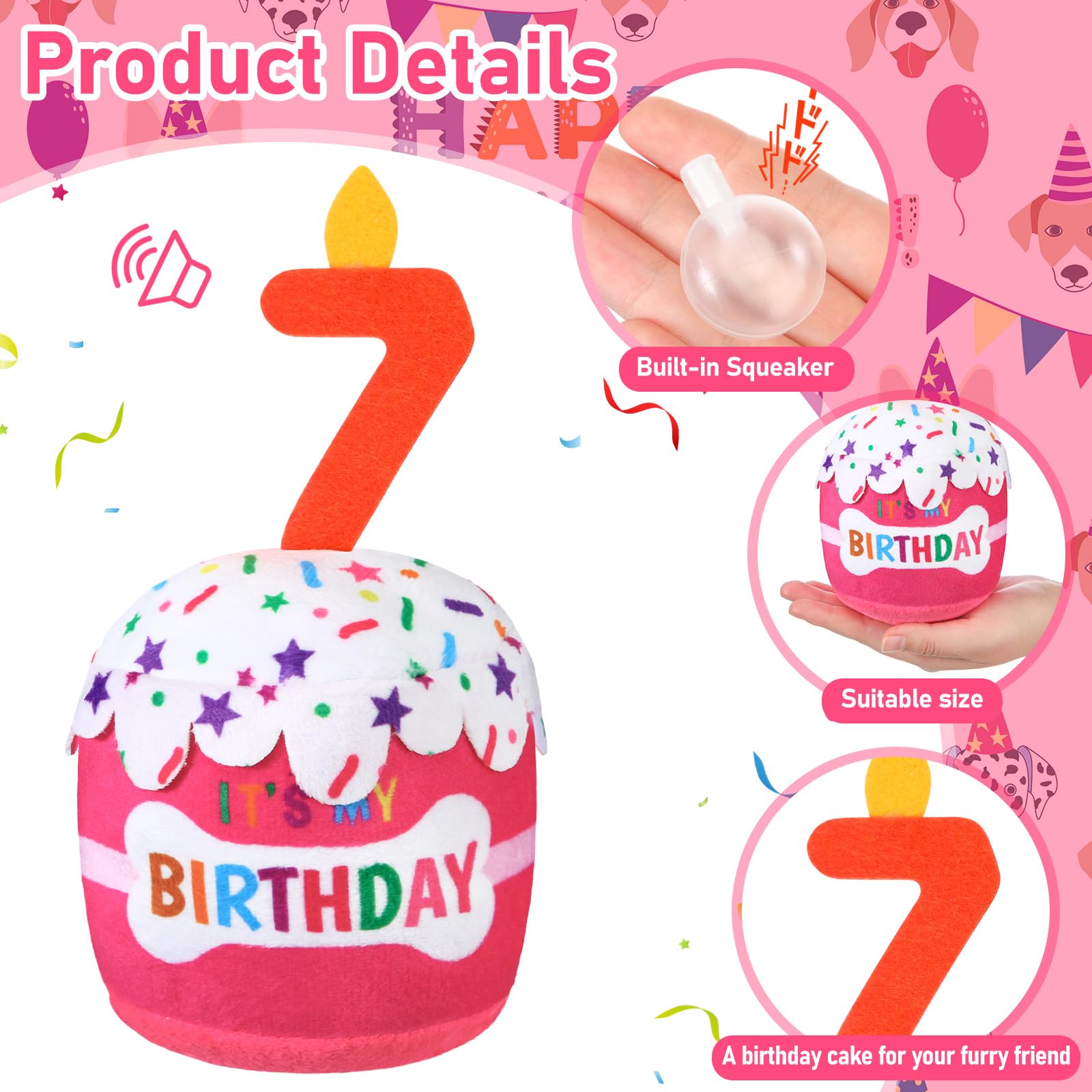 Dansydaisy Dog 7Th Birthday Cake Toy Accessories For Girl Boy Gifts, Pink Squeaky Plush Toy For Dog Birthday Party Decor Favor F