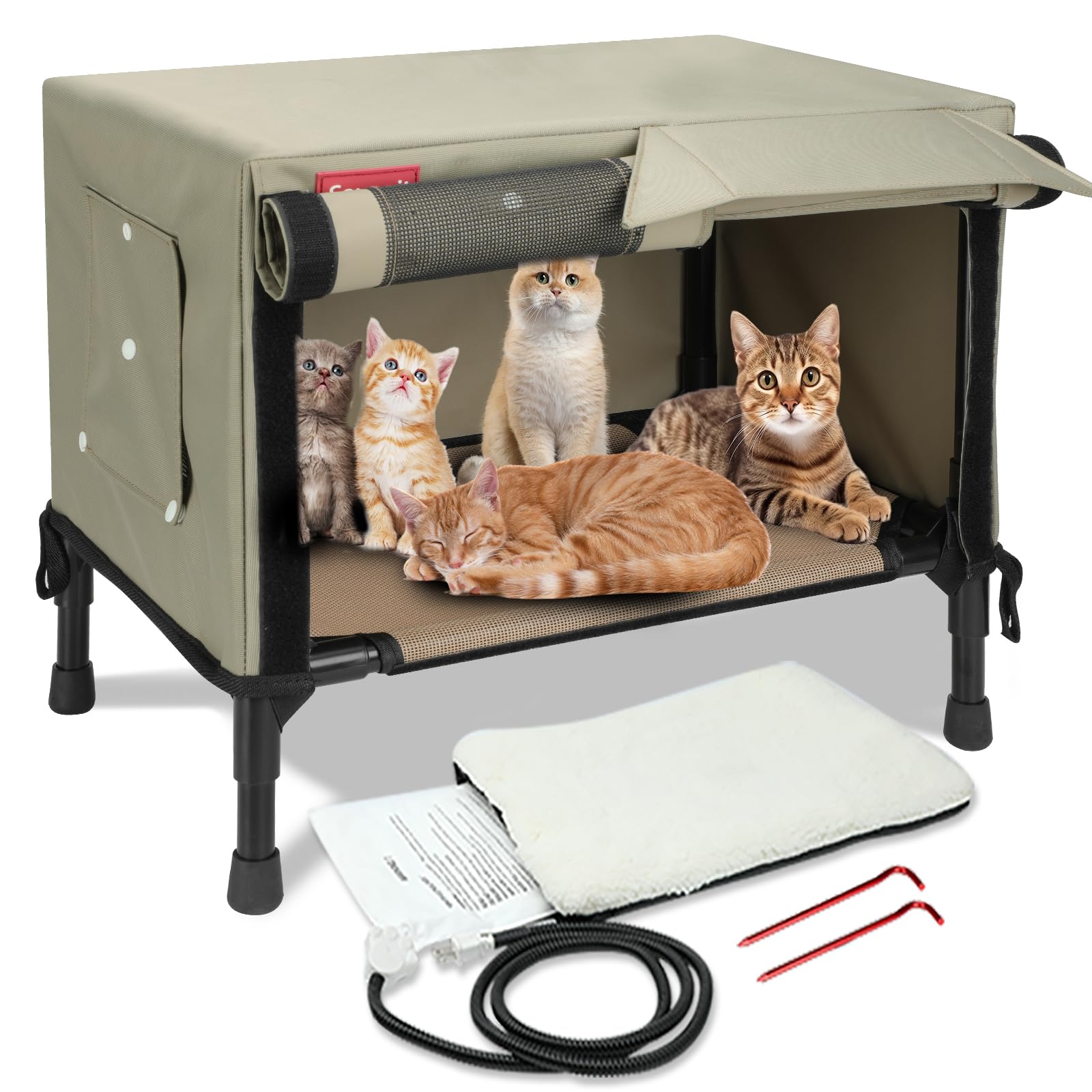 Sovpait Heated Cat House, Nylon Waterproof Fabric, Strong Supporting Iron Pipe Outdoor Kitty House Can Be Used Indoors,Outdoor,W