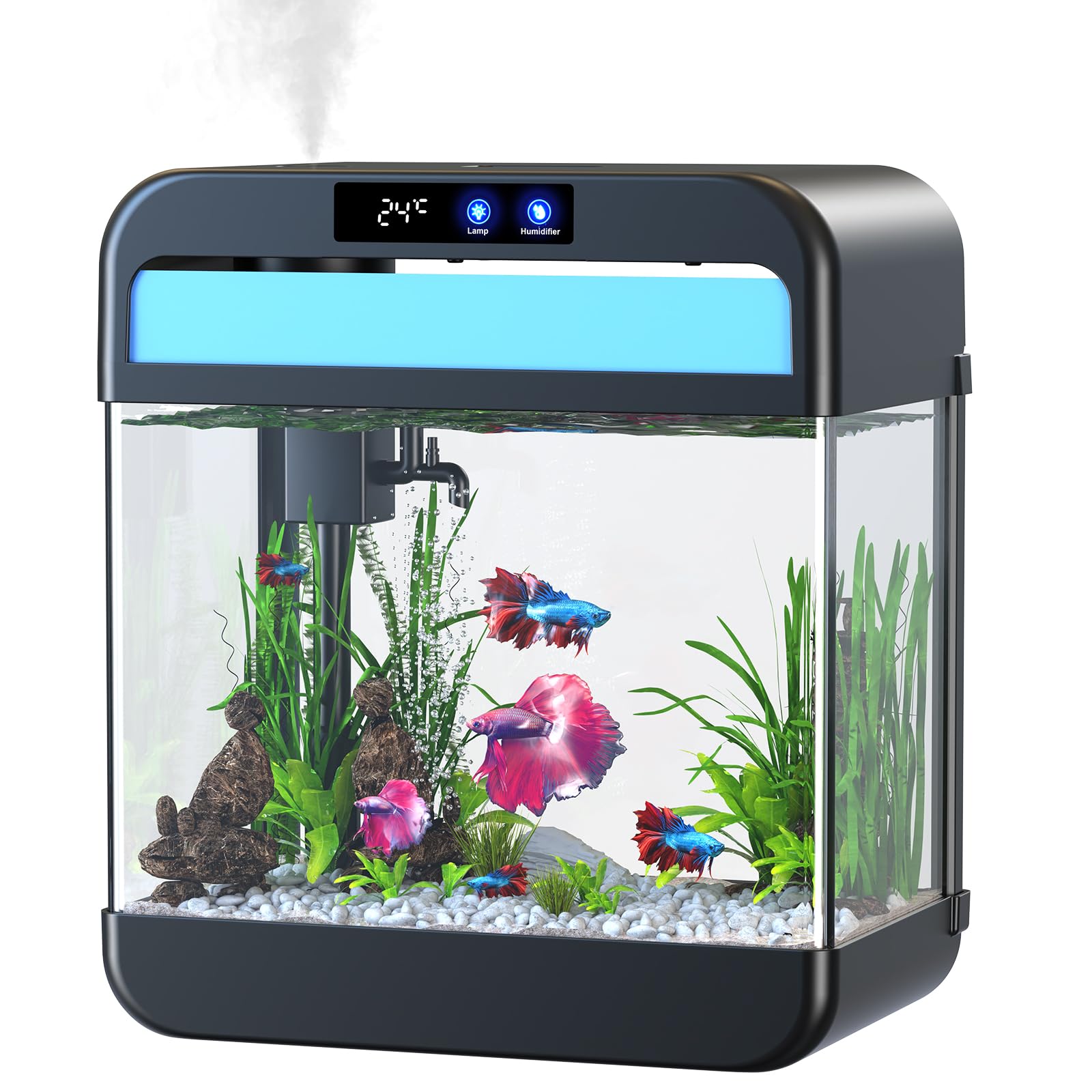 Jphyll Fish Tank 2.2 Gallon Fish Bowl With Humidifier 7 Color Auto-Looping Light 3 In 1 Quiet Pump With Filteration & Oxygenatio