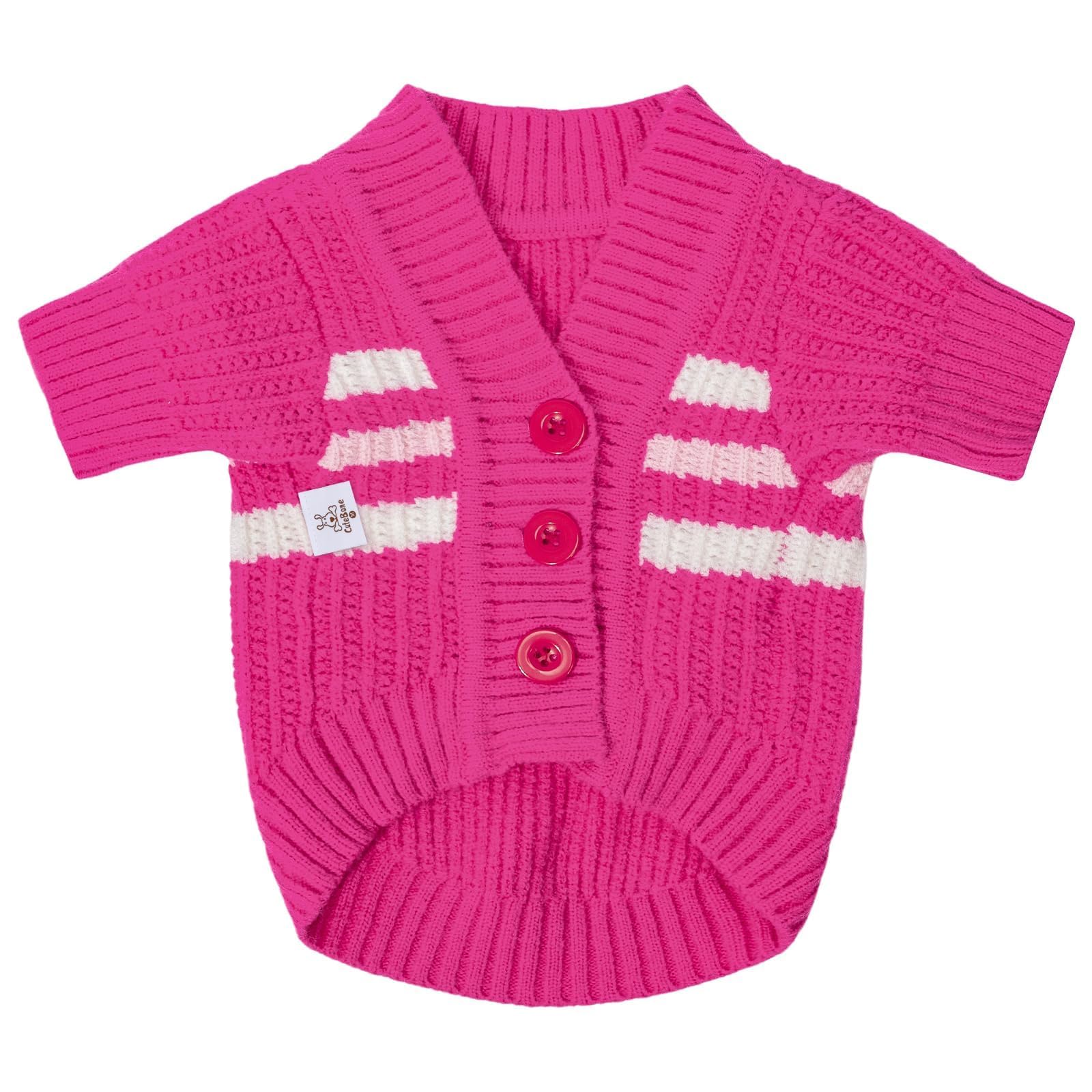 Cutebone Dog Striped Cardigan Sweater, Knitted Pink Dog Winter Clothes For Large Dogs Boy Girl, V-Neck Pet Cat Outfit, Large Siz