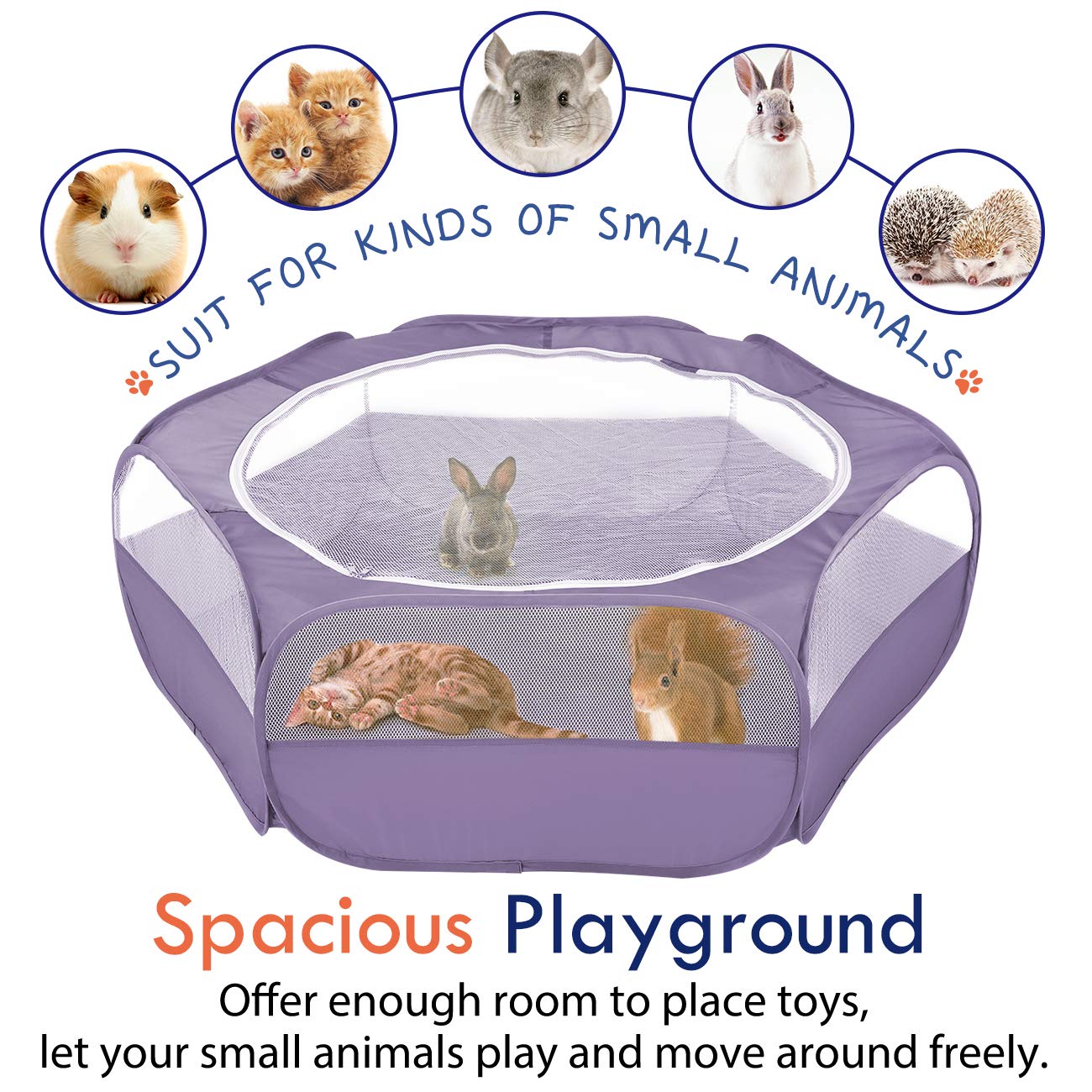 Pawaboo Small Animals Playpen, Breathable & Waterproof Small Pet Cage Tent With Zippered Cover, Portable Outdoor Yard Fence For Kitten/Puppy/Guinea Pig/Rabbits/Hamster/Chinchillas, Purple